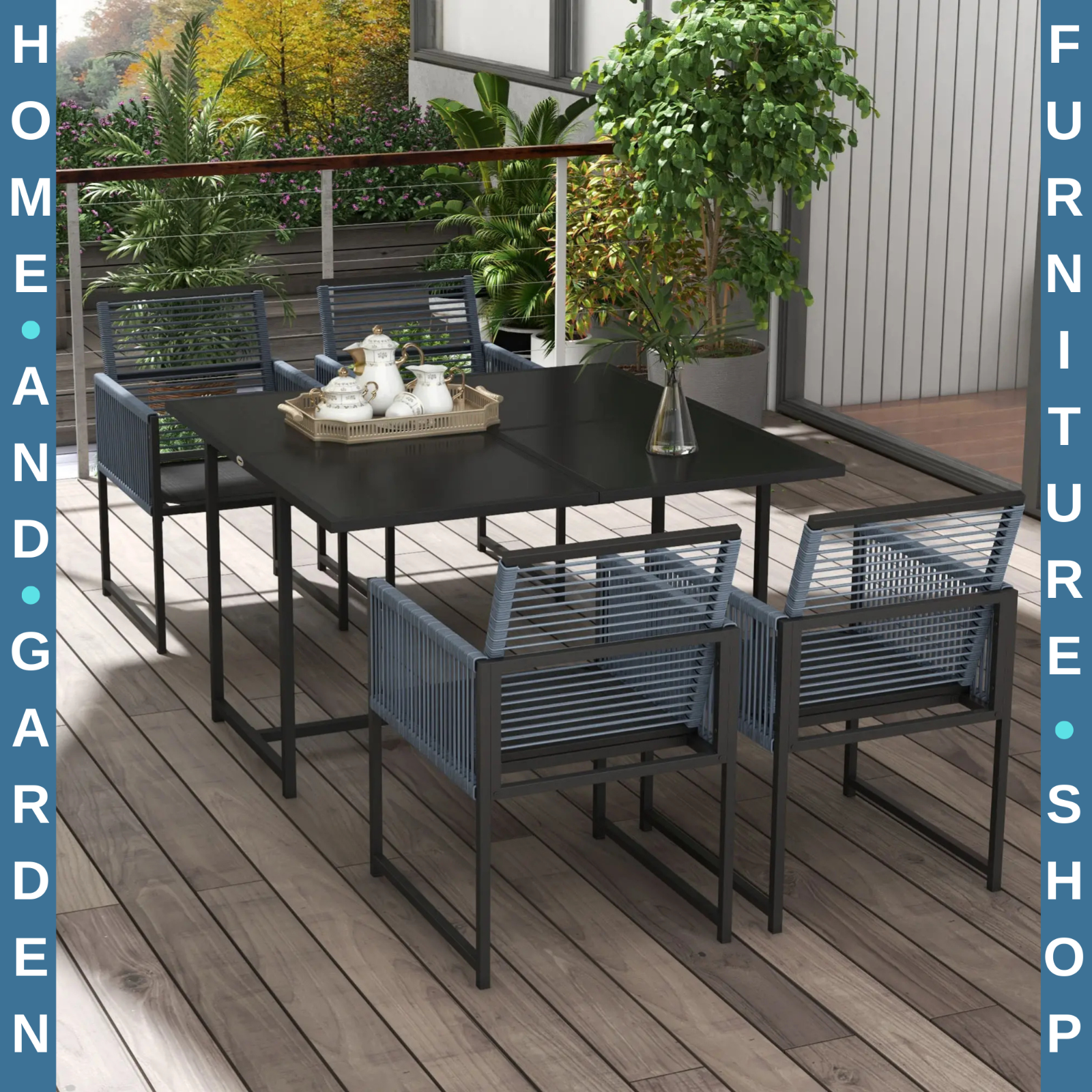 5 Piece Garden Dining Set w/ Foldable Chairs Patio Table 4 Seater Furniture Grey