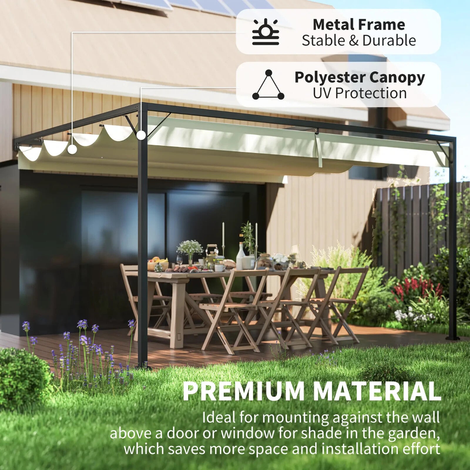 4 x 3m Outdoor Pergola Retractable Canopy Wall Mounted Awning Metal Cover Cream