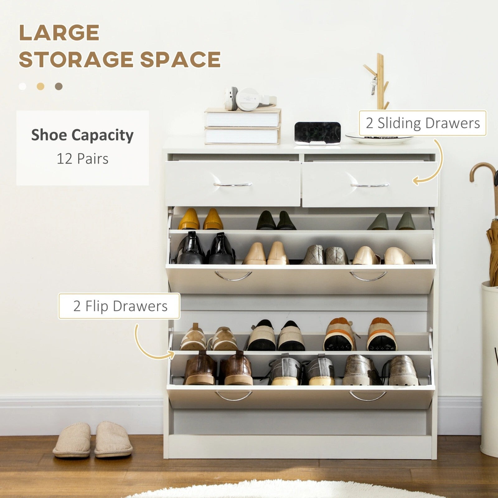 Narrow Shoe Storage Cabinet with 2 Flip Drawers Slim Entryway Shoe Cupboard Unit