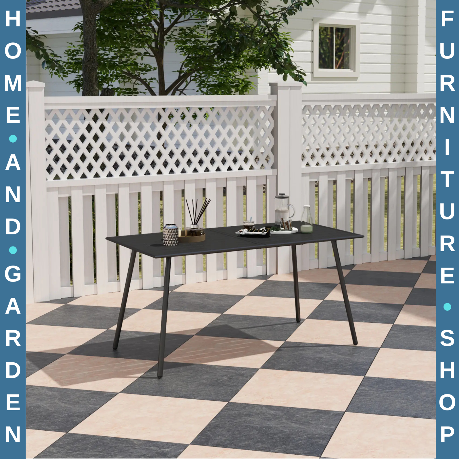 Metal Outdoor Table Black Garden Dining Table for 6 People Slat Top Steel Frame