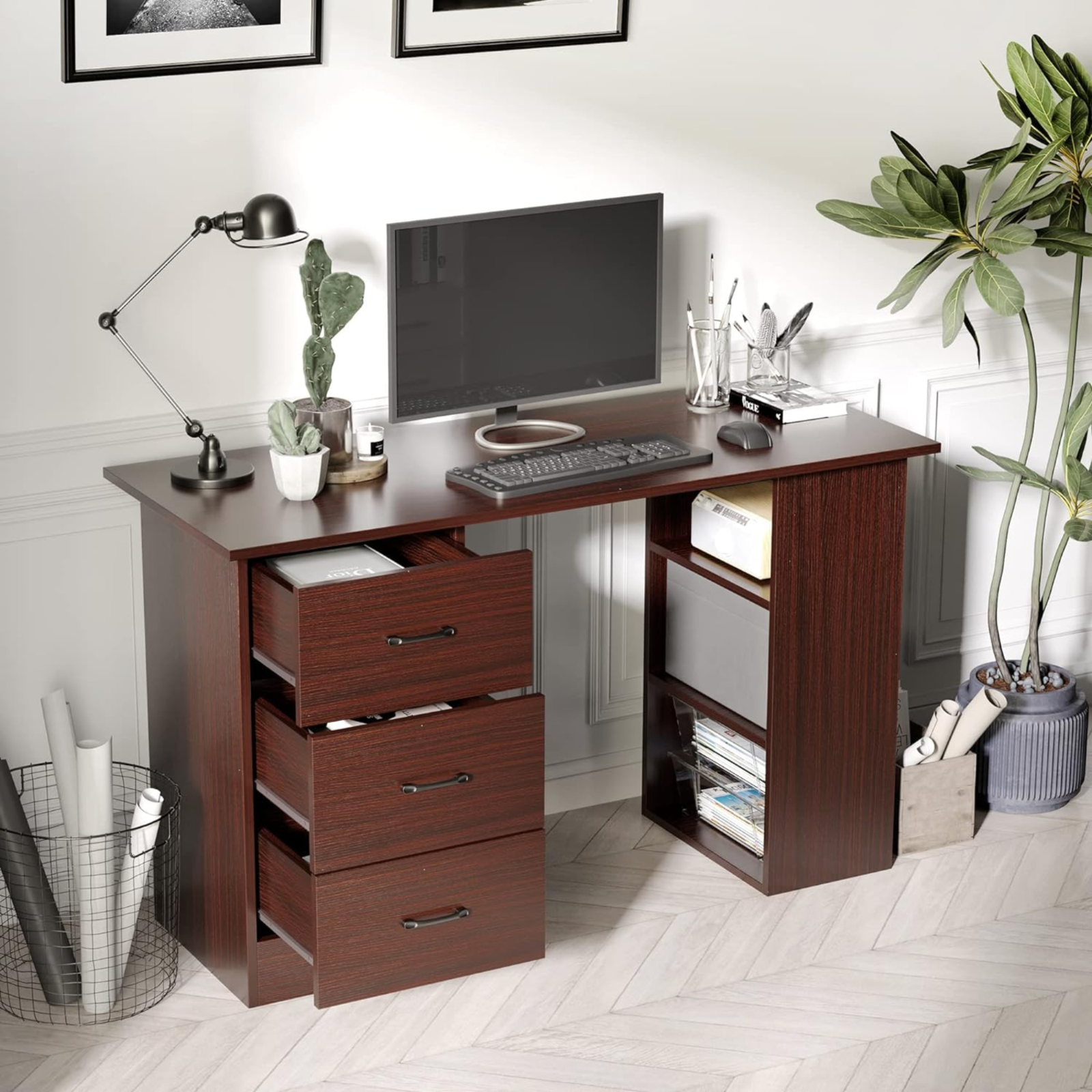Computer Desk with Drawers Shelves PC Desk Organiser Workstation Writing Table