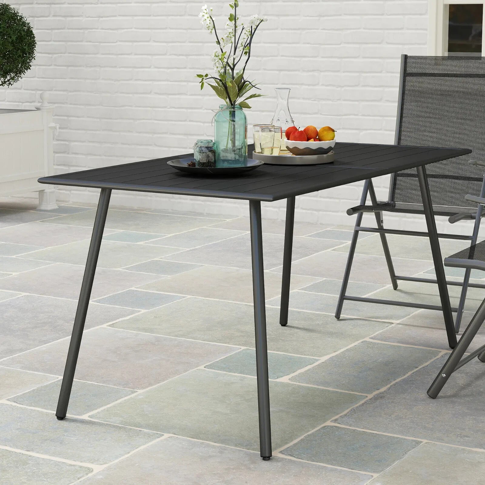 Metal Outdoor Table Black Garden Dining Table for 6 People Slat Top Steel Frame