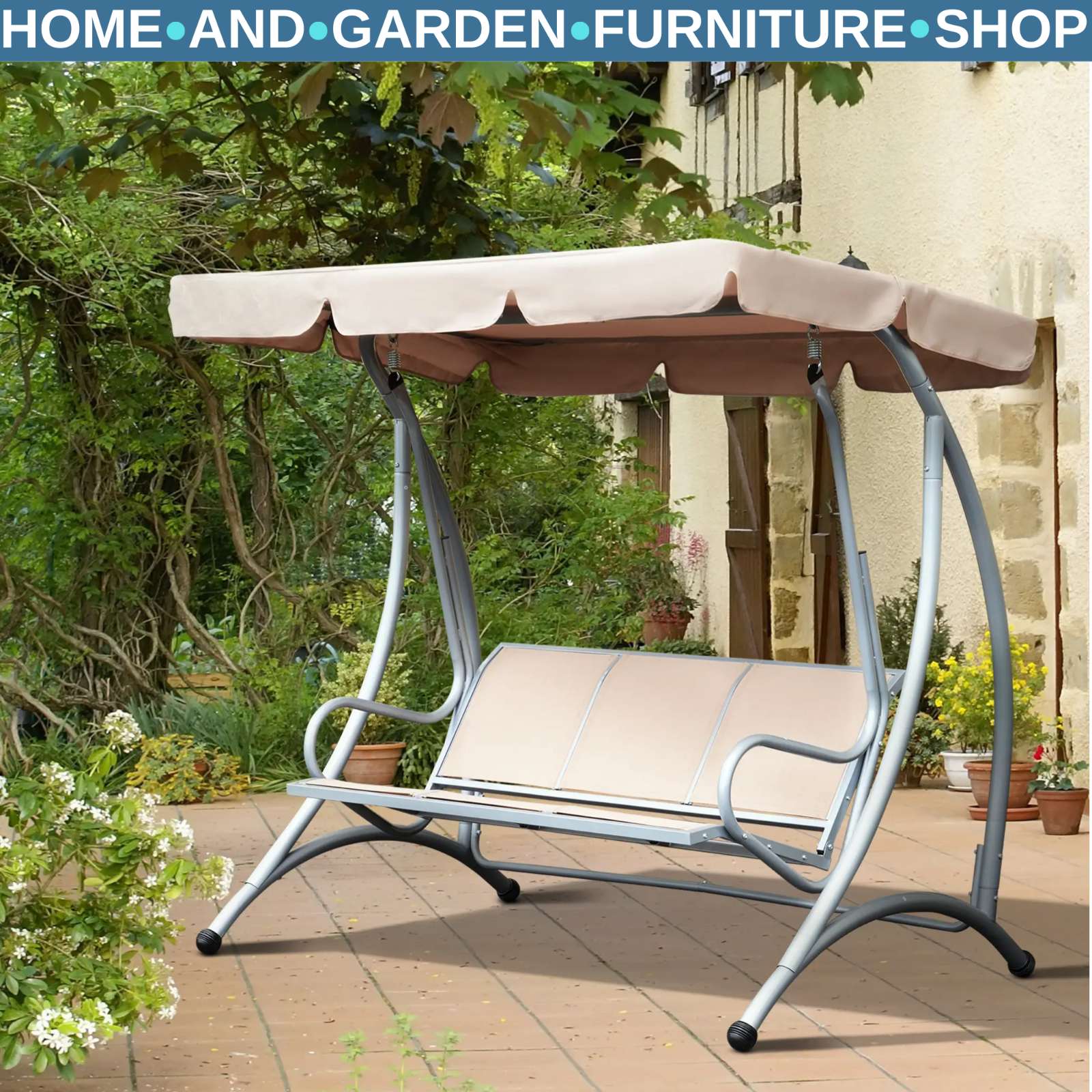 Hammock Swing Bench 3-Seater Weather-Resistant with Adjustable Canopy Beige