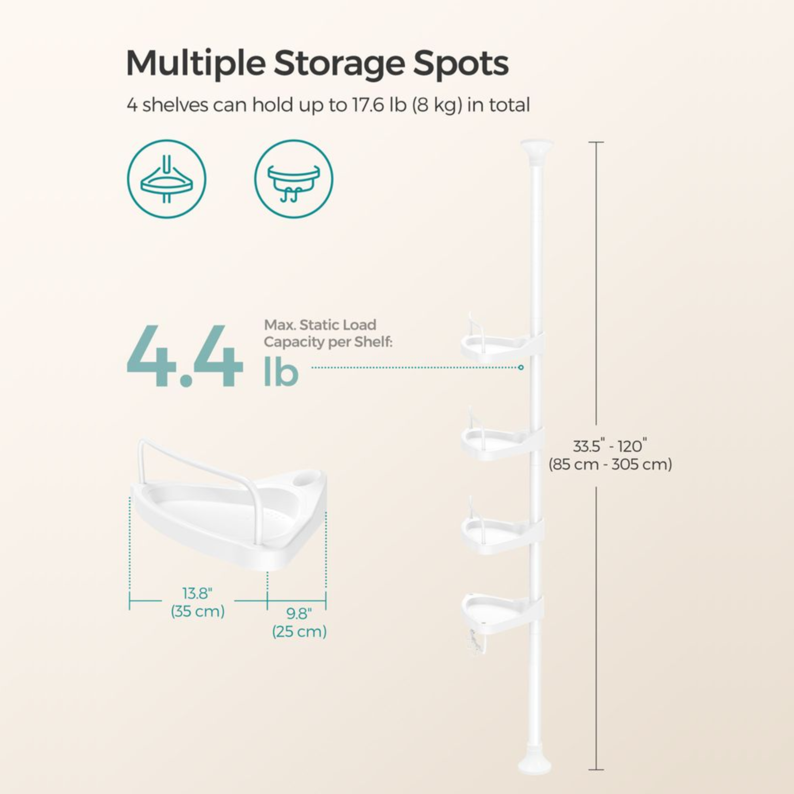 White Adjustable Corner Bathroom Shelf Shower Caddy Storage Telescopic Pole Unit