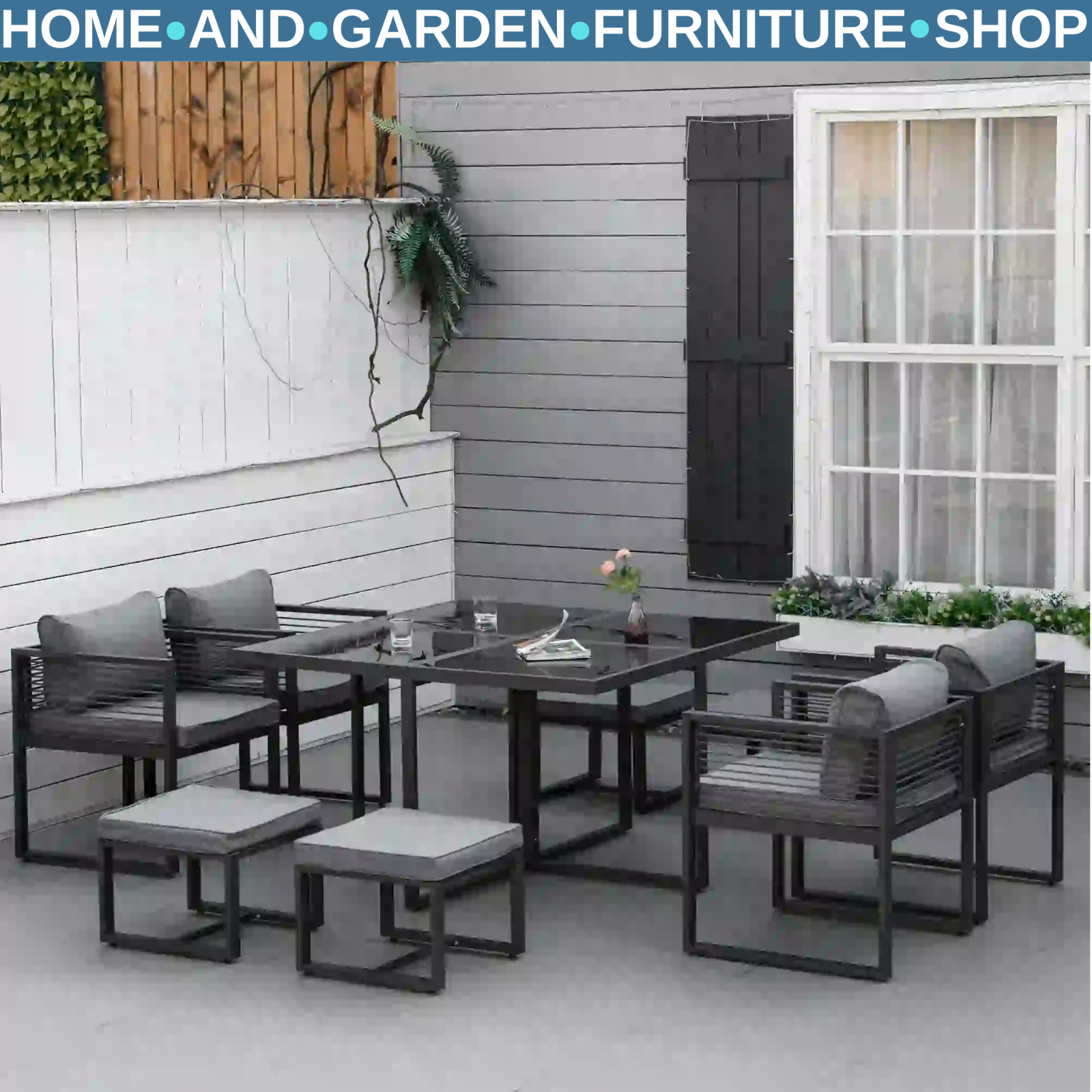 9PC Garden Dining Cube Set Table Chairs Stools w/ Cushions Outdoor Furniture