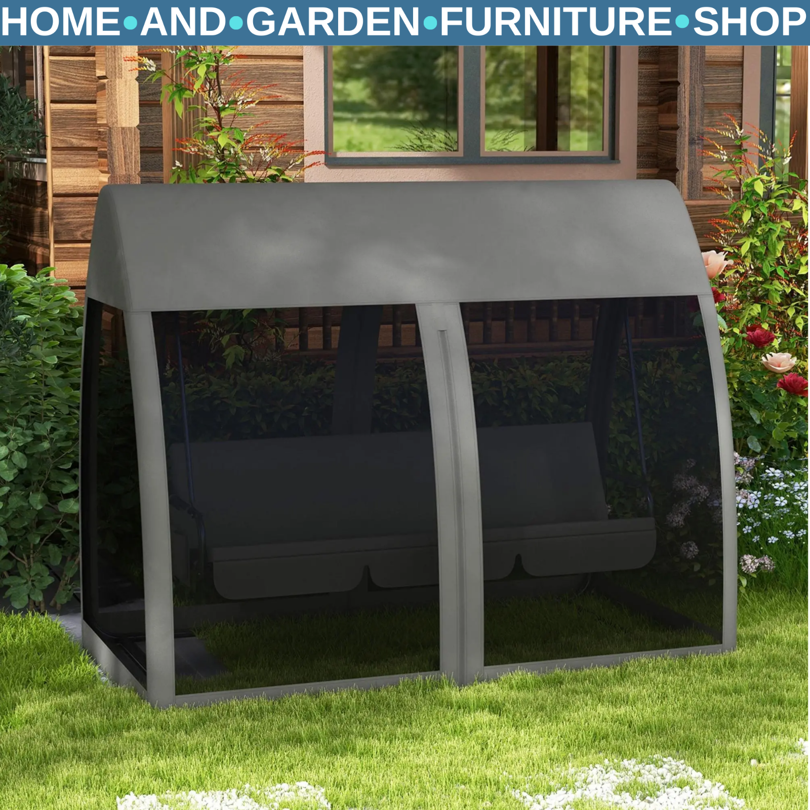Hammock Swing Bench 3-Seater UV-Resistant Powder Coated with Mesh Canopy Grey