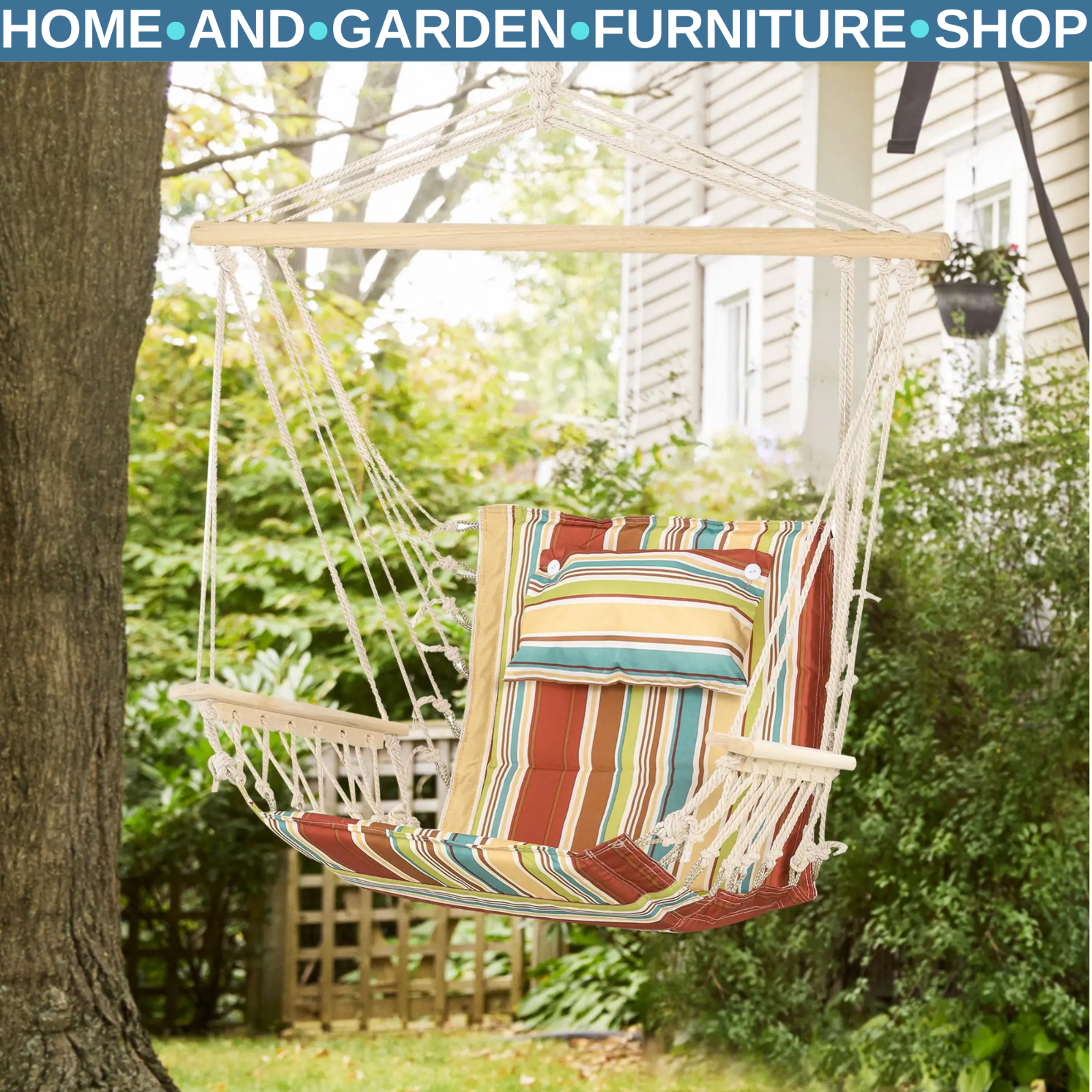 Hammock Hanging Chair Thick Rope Structure w/ Padded Pillow Multi-Colour Stripe