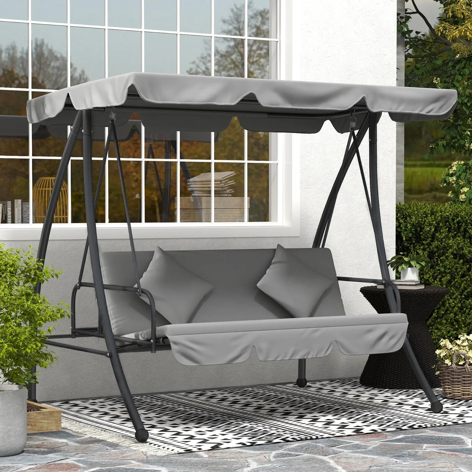 2-in-1 Hammock Swing Chair 3-Seater Steel with Cushion & Tilt Canopy Light Grey