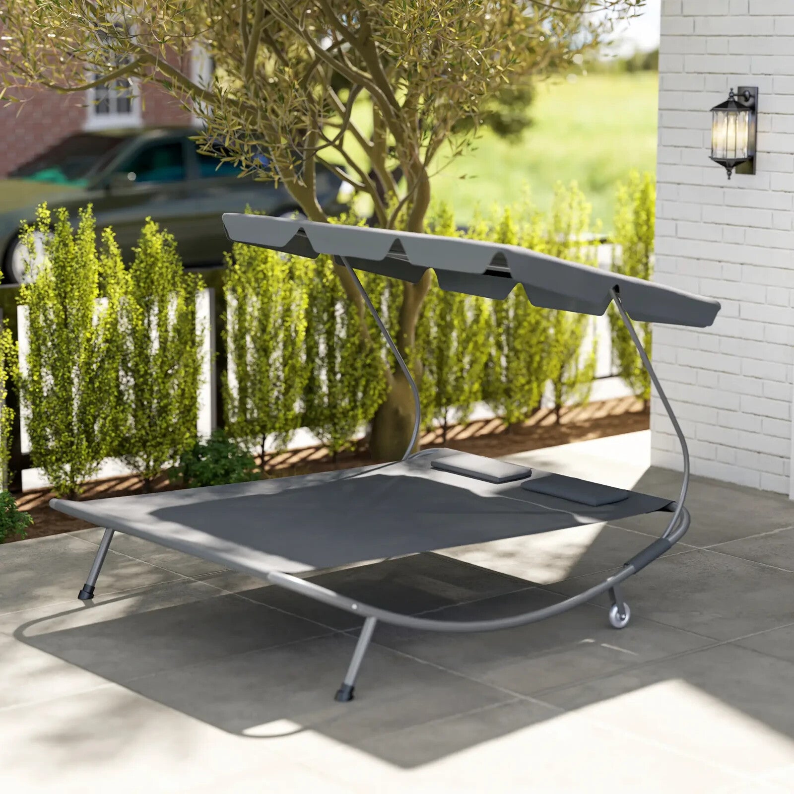 Hammock Sun Lounger 2-Seater w/ 2-Padded Pillows & Adjustable Canopy Light Grey