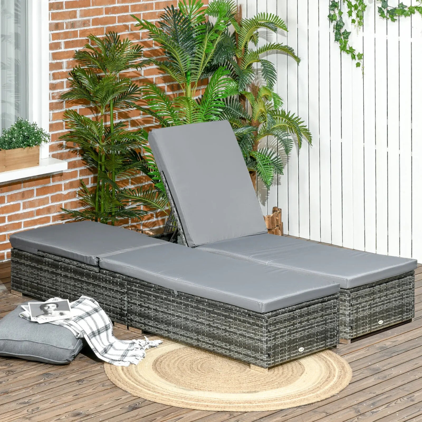 Set of 2 PE Rattan Sun Loungers with  5-Level Recliner Backrest and Cushion Grey