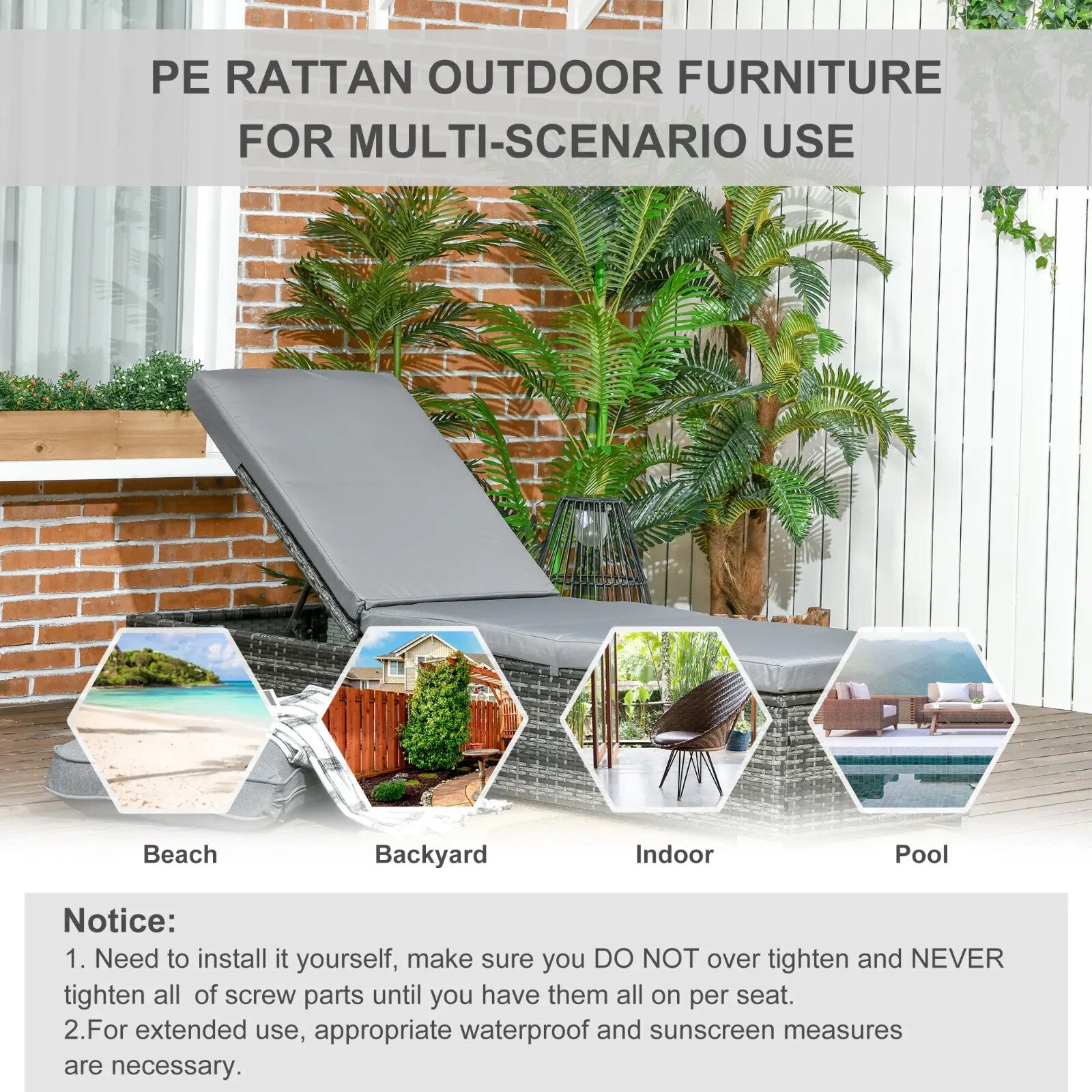 Set of 2 PE Rattan Sun Loungers with  5-Level Recliner Backrest and Cushion Grey