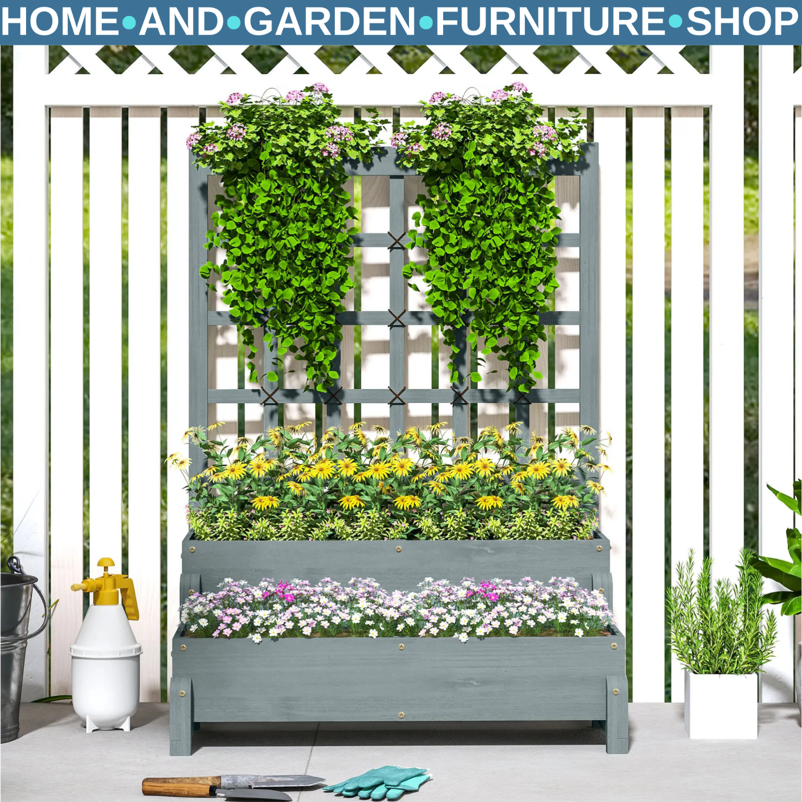 2 Tier Raised Garden Bed, Trellis Wooden Planter Box Outdoor Raised w/ Drainage