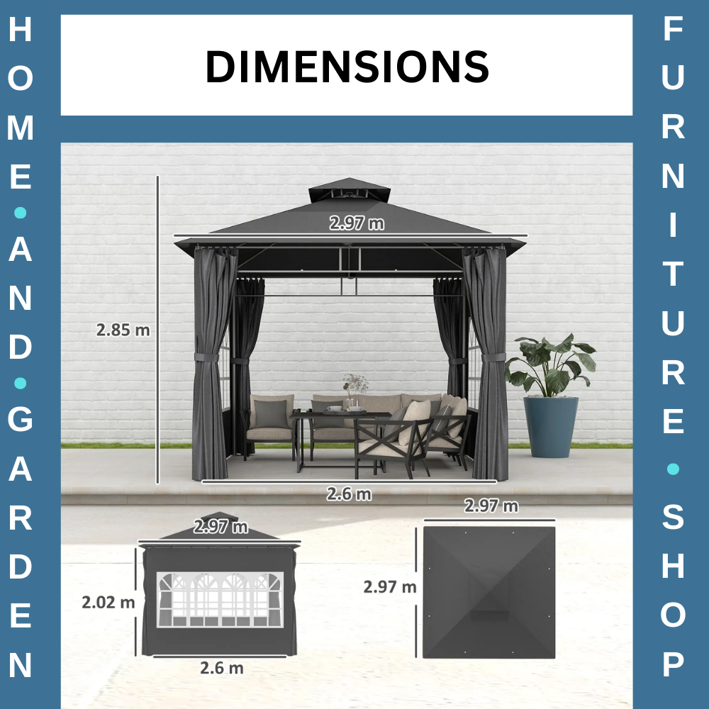 3 x 3 m Garden Metal Gazebo with Double Roof and Removable Sidewalls Dark Grey