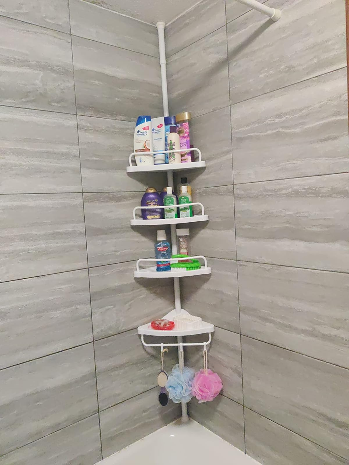 White Adjustable Corner Bathroom Shelf Shower Caddy Storage Telescopic Pole Unit