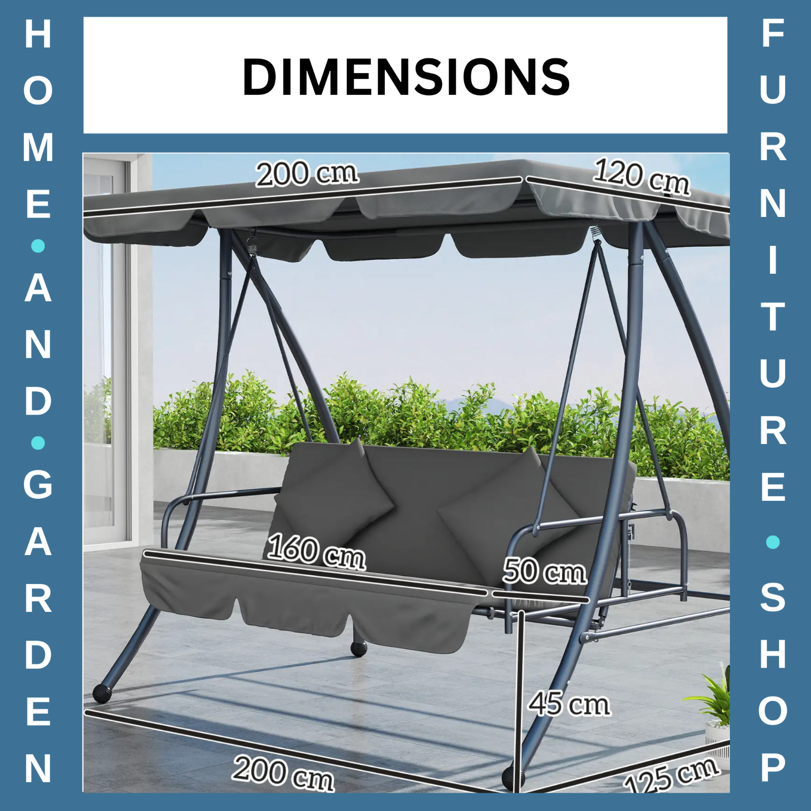 2-in-1 Hammock Swing Chair 3-Seater Steel with Cushion & Tilt Canopy Light Grey