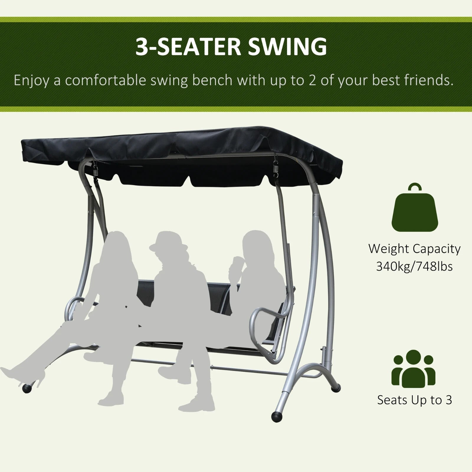 3 Seater Steel Garden Swing Chair with Adjustable Canopy and Anti-Slip Feet