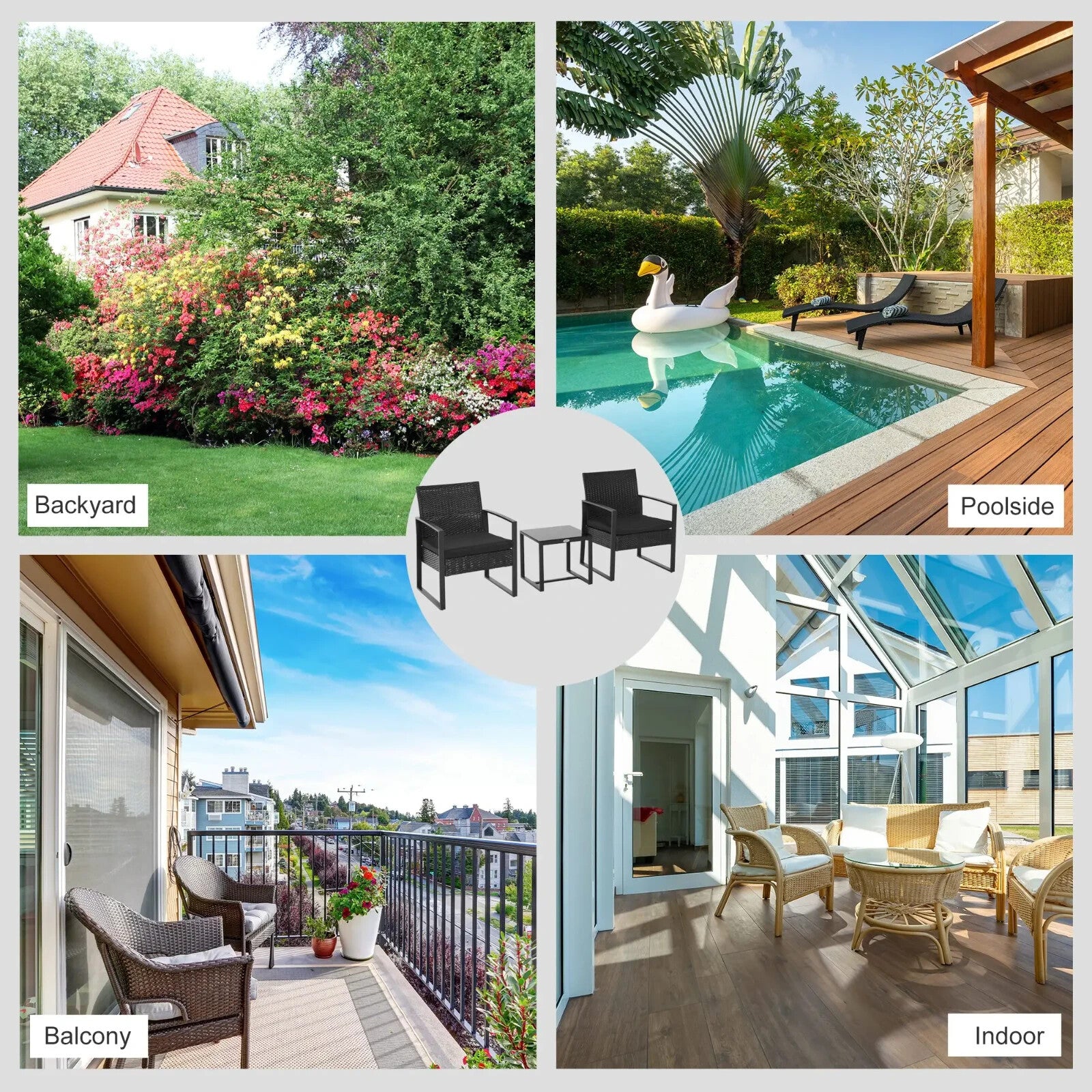 3PCs Patio Rattan Garden Bistro Set Coffe Table 2 Chairs Metal Outdoor Furniture