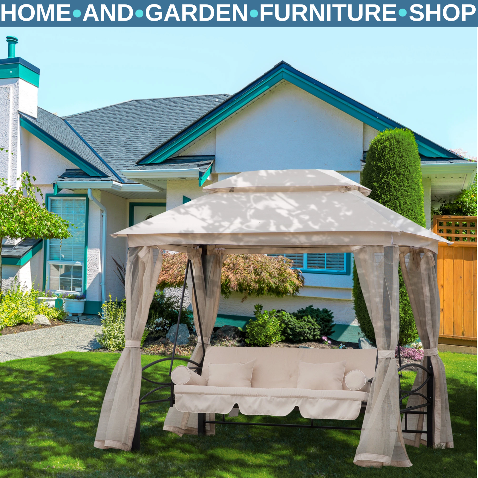 Hammock Swing Bench 3-Seater with 2-Tier Gazebo Canopy & Mesh Netting Beige