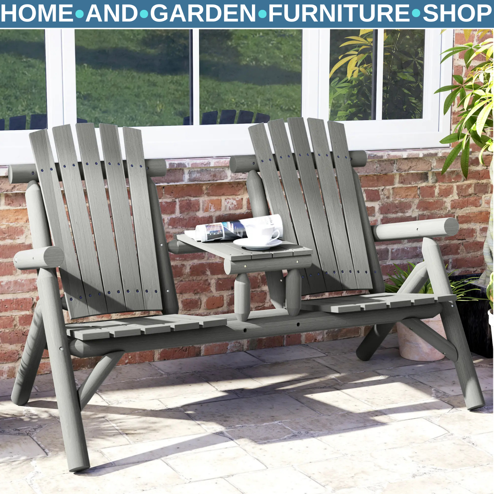 2 Seater Wooden Garden Bench w/ Centre Coffee Table Outdoor Patio Loveseat Chair