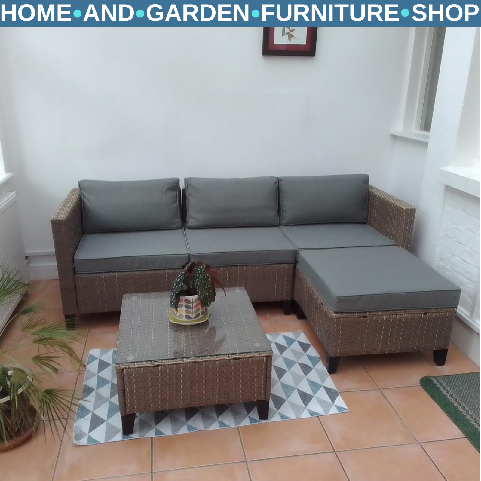 5 Piece Rattan Garden Furniture Set with Corner Sofa Table & Footstools Outdoor