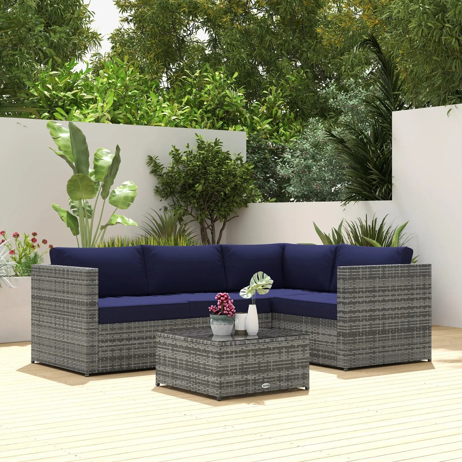 3 Piece Rattan Garden Furniture Set w/Cushion 4 Seater Corner Sofa & Glass Table