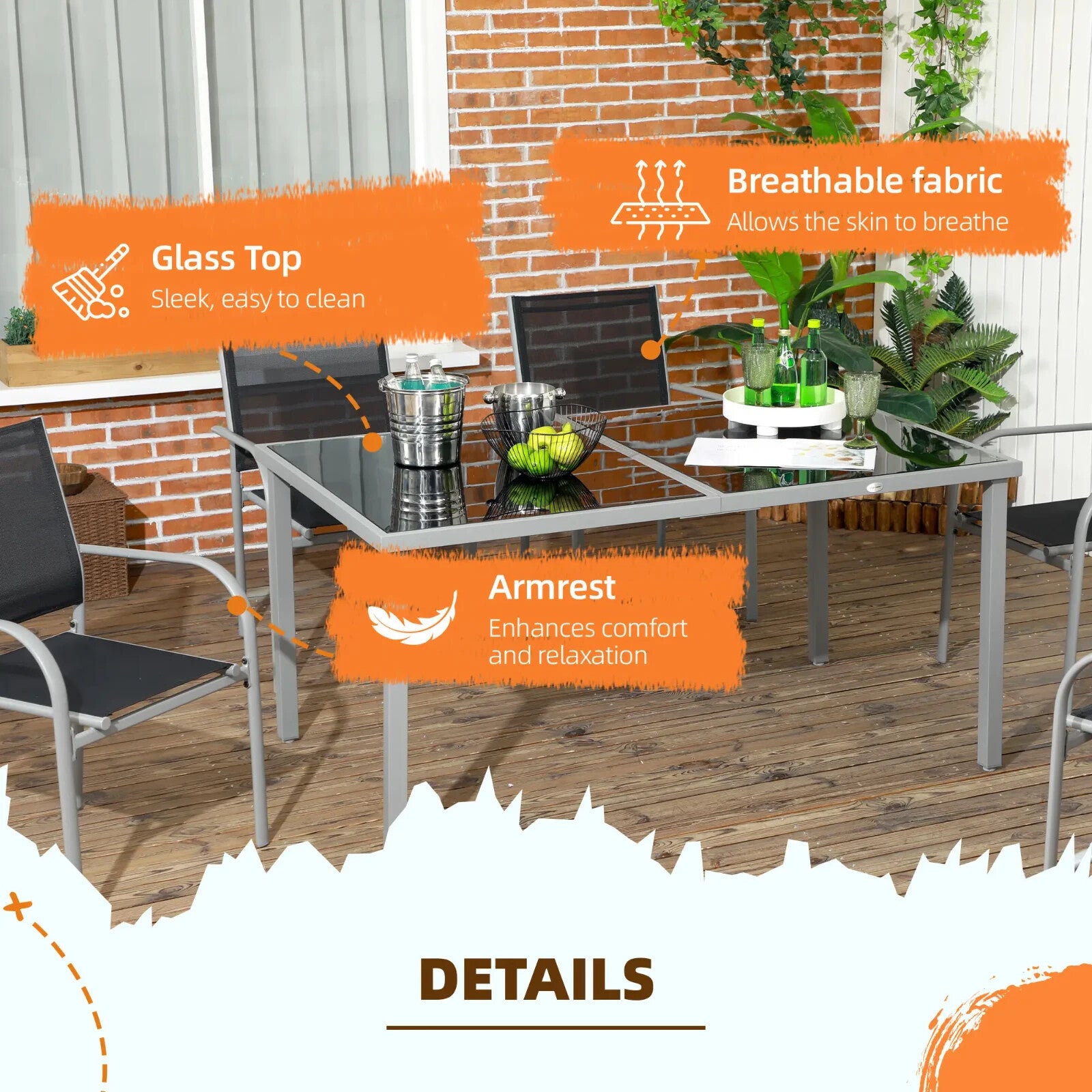 7 Piece Garden Dining Set with Glass Table and 6 Stackable Mesh Chairs Outdoor