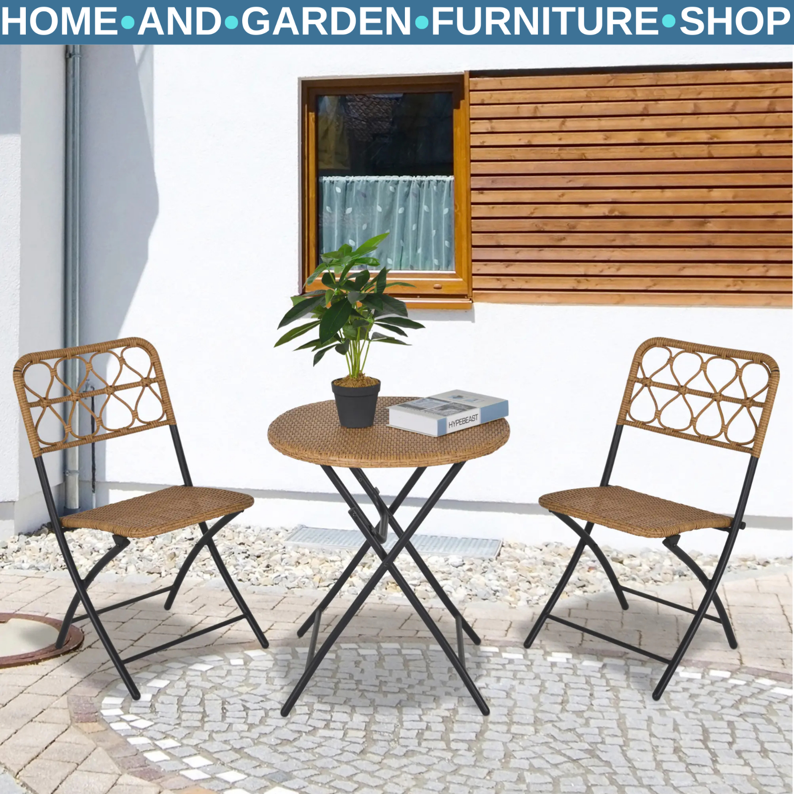 3-Piece Folding Rattan Wicker Bistro Set – Coffee Table and Chairs