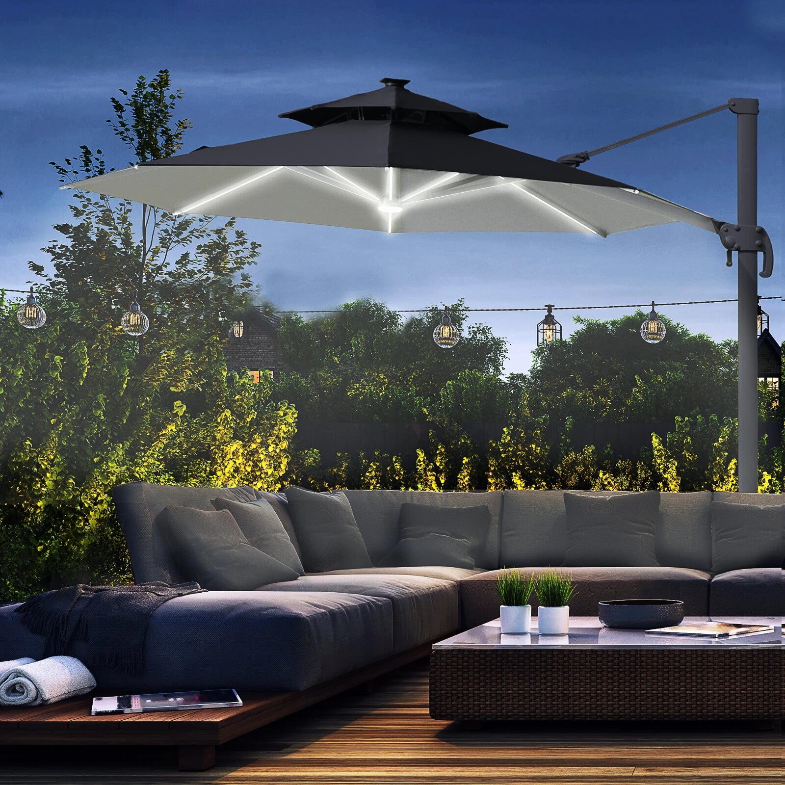 3m Cantilever Garden Parasol with LED Lights, Power Bank and 360° Rotating Base