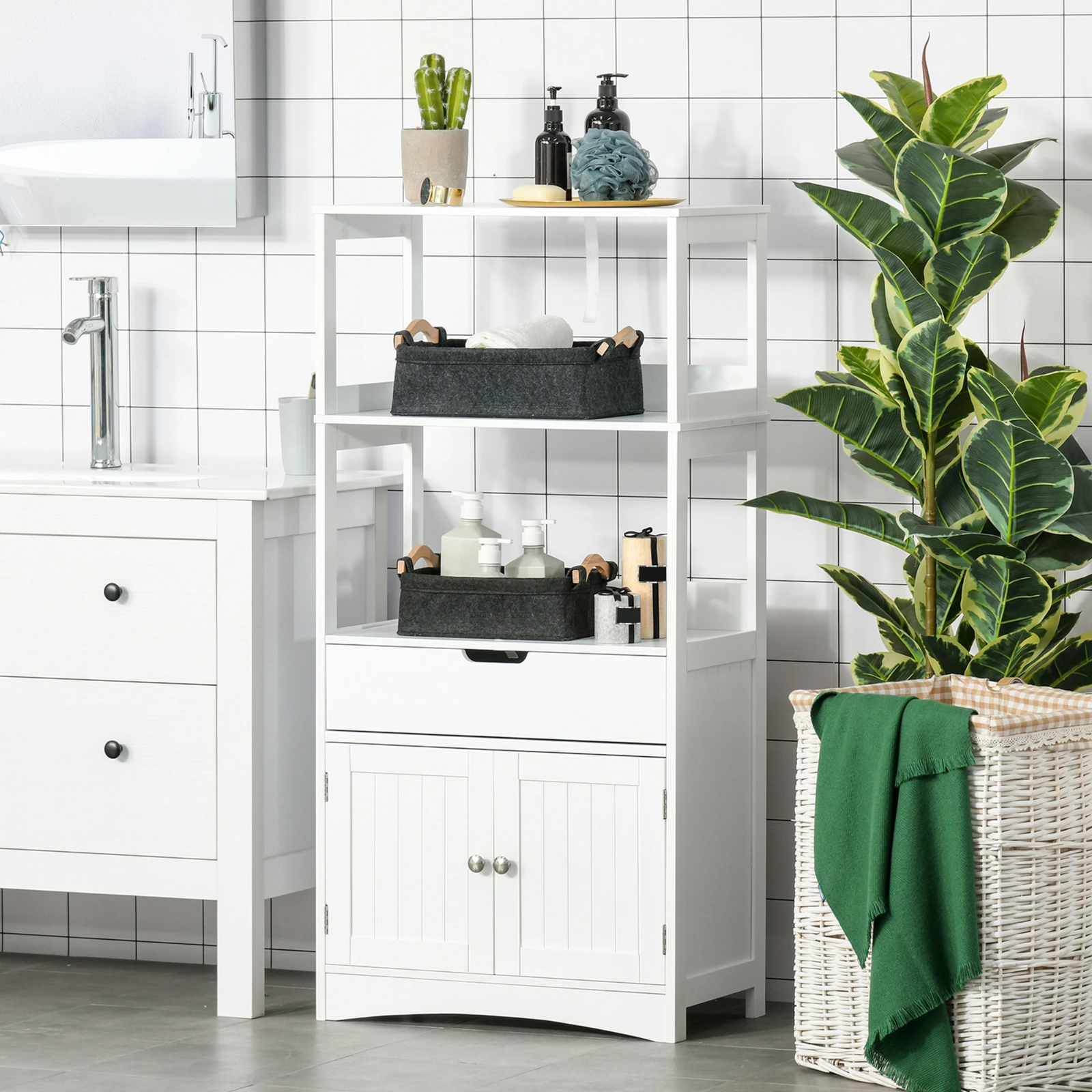 White Large Bathroom Floor Cabinet Storage Unit Kitchen Cupboard Larder Shelving