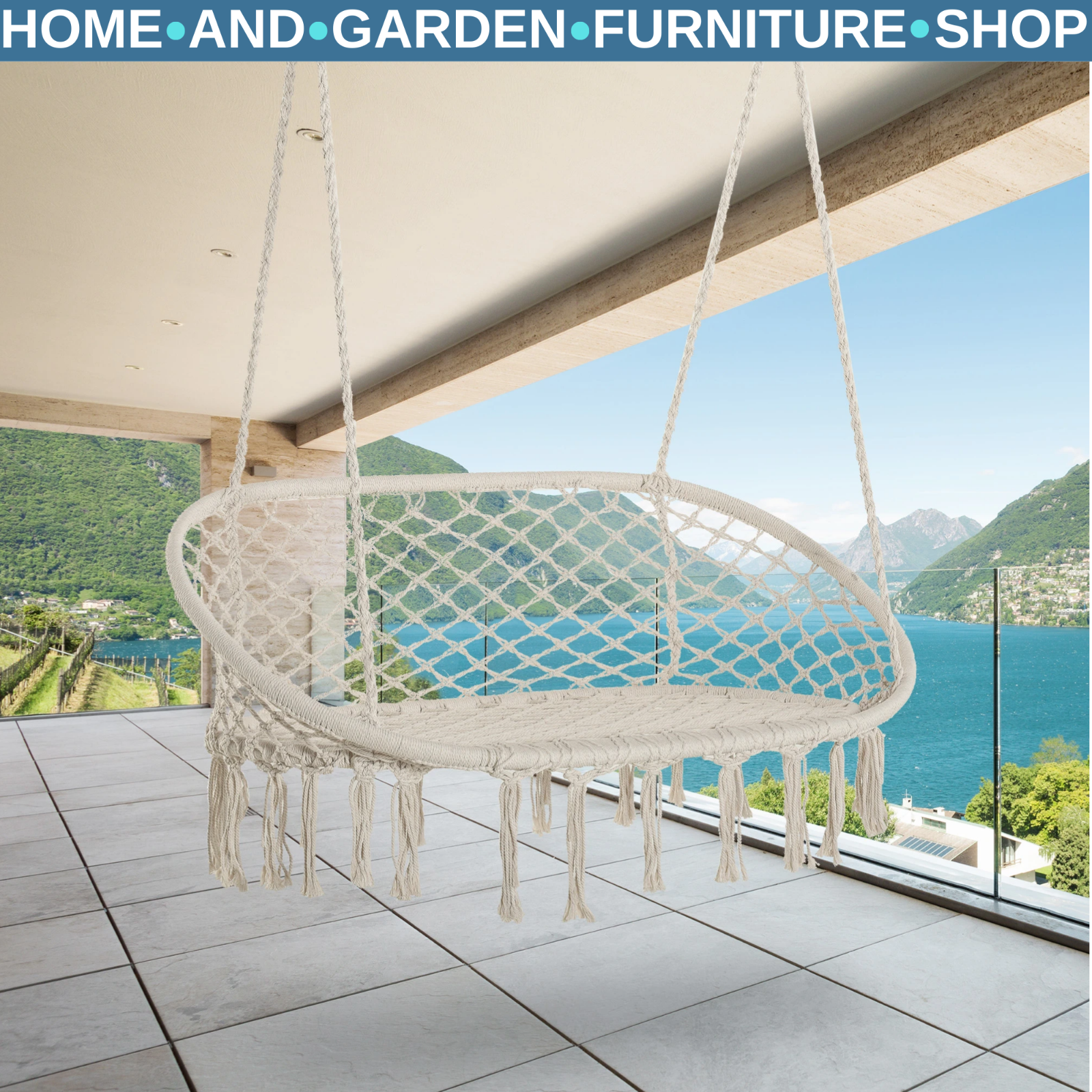 Hammock Hanging Bench 2-Seater Rope Porch Swing with Curved Back Cream White
