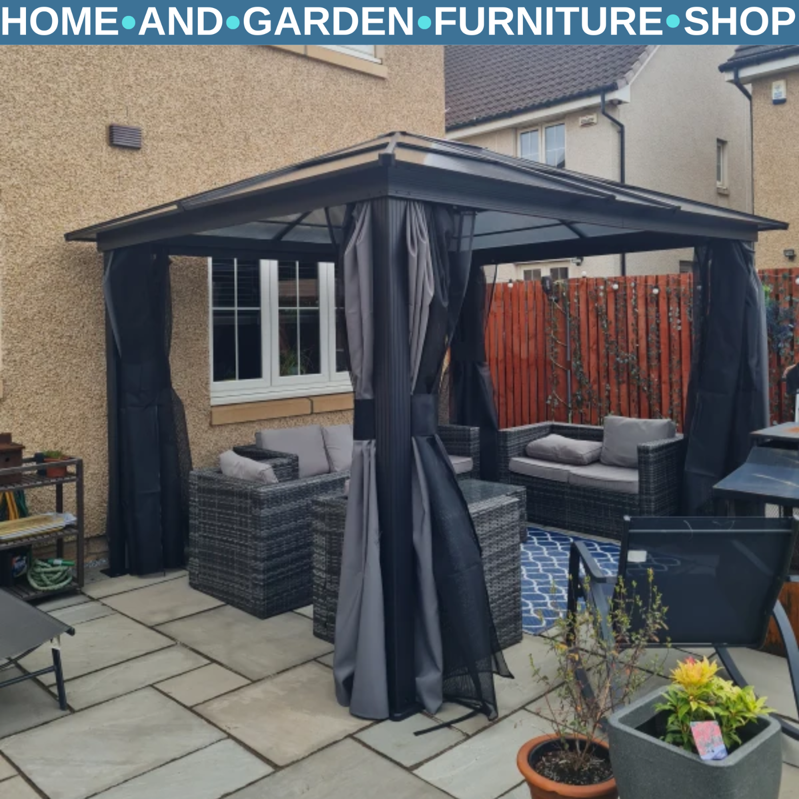 Heavy Duty Metal Gazebo Polycarbonate Hardtop Roof Canopy Side Curtains 3 x 3.6m
