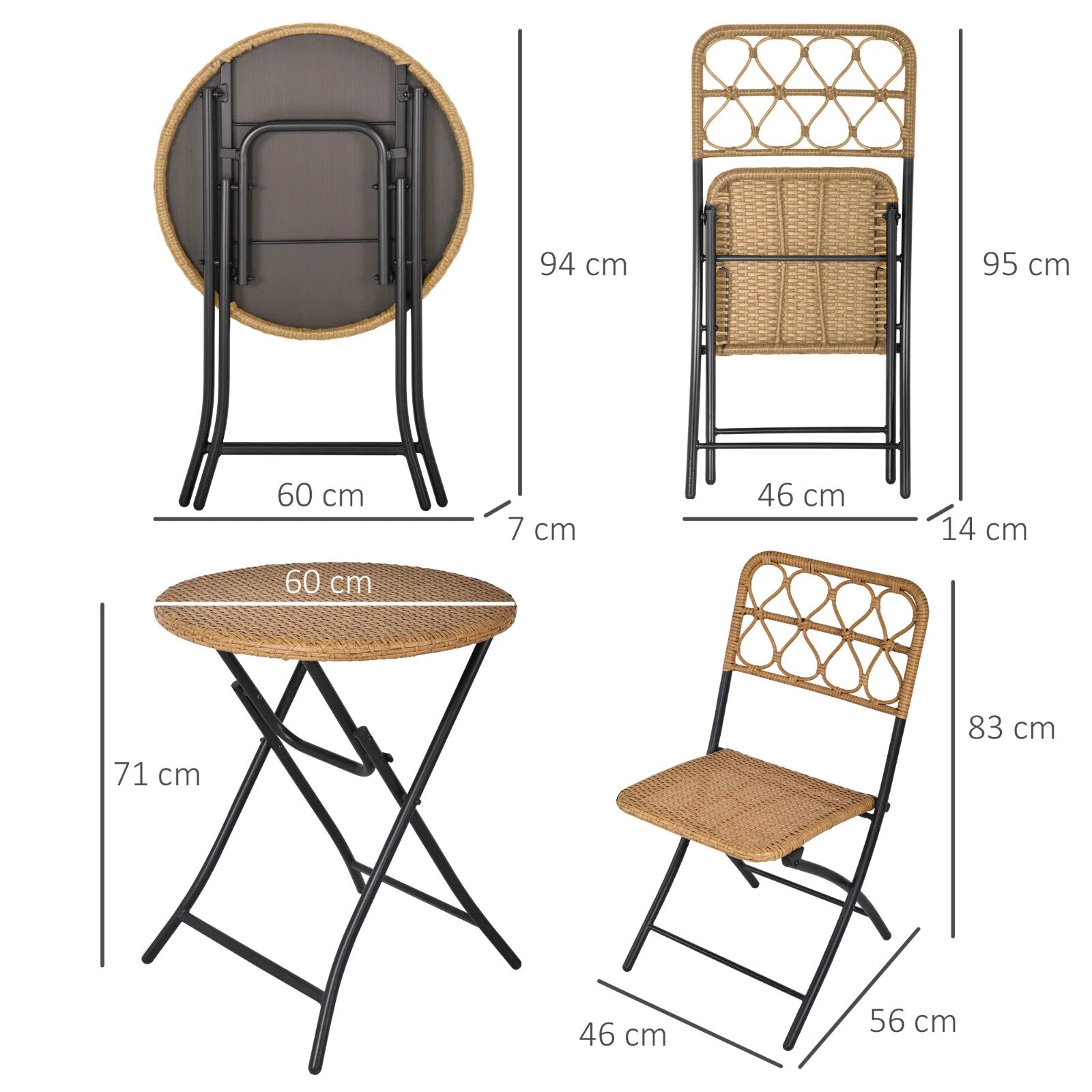 3-Piece Folding Rattan Wicker Bistro Set – Coffee Table and Chairs