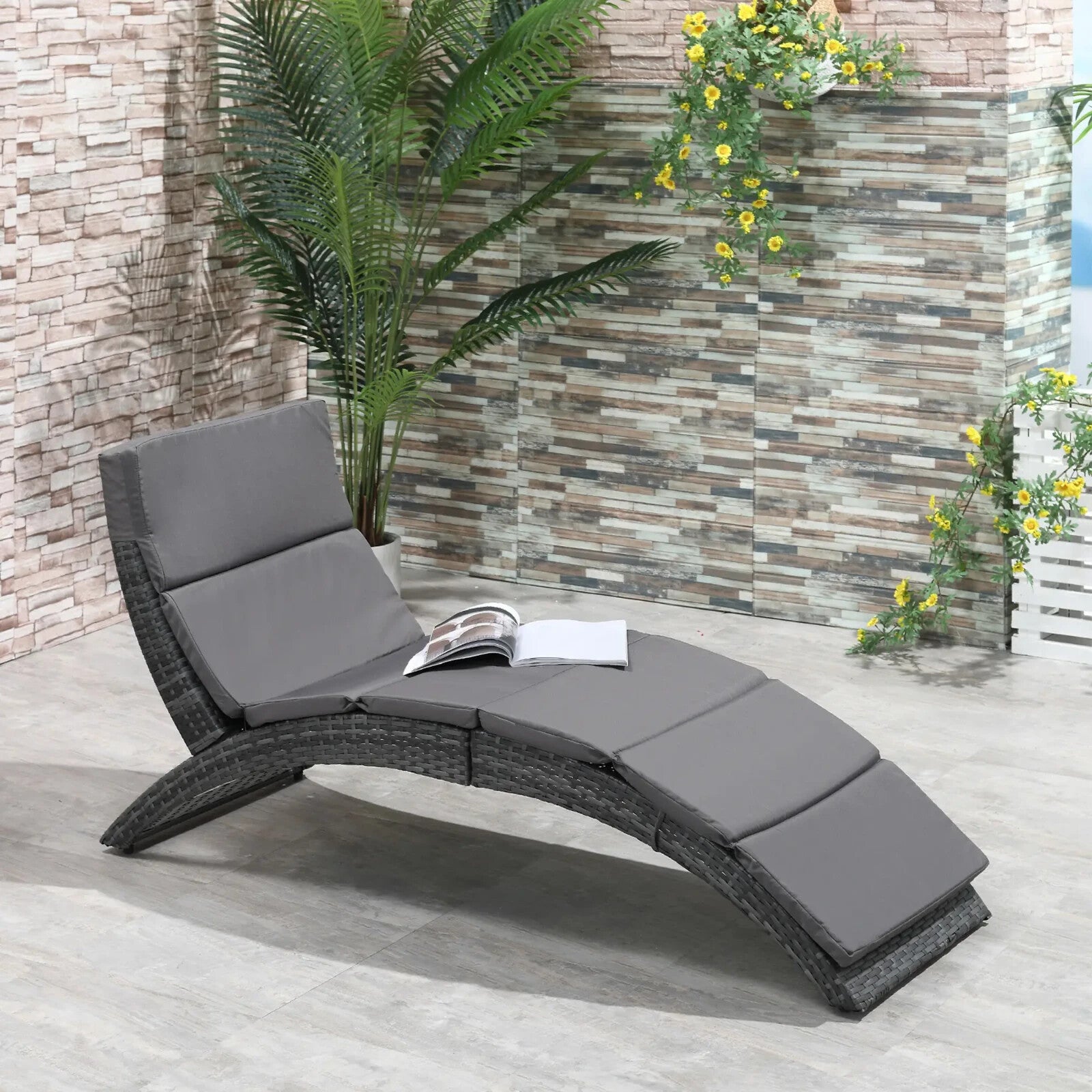 Garden Rattan Sun Lounger Foldable Patio Chaise Chair for Outdoor Grey
