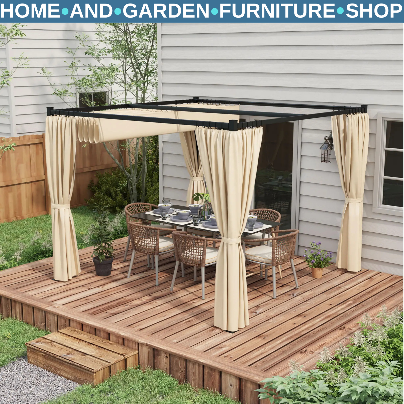 3 x 3m Retractable Pergola Gazebo with Curtains Garden Shelter Canopy for Patio