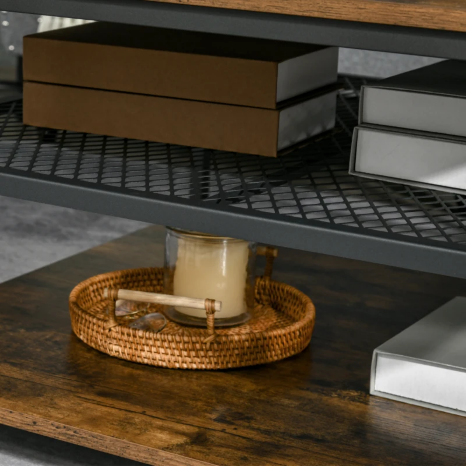 Industrial Square Coffee Table Storage Shelf End Table for Living Room Furniture