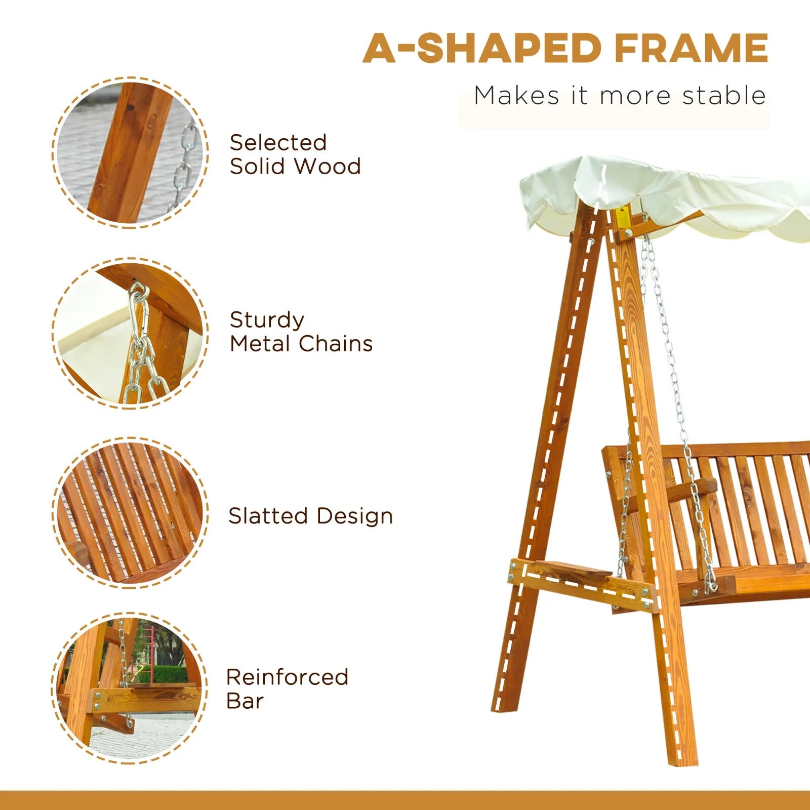 3 Seater Wooden Garden Swing Bench Outdoor Patio Chair w/ Backrest Canopy White