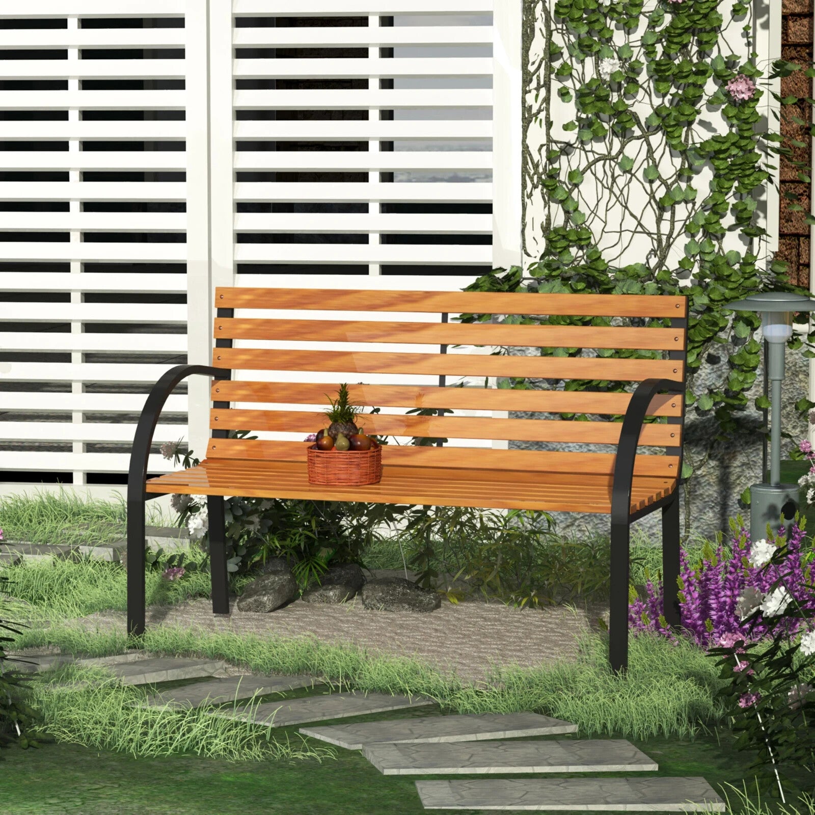 2 Seater Garden Bench Metal Legs  Wooden Slatted Seat Backrest Patio Chair Bench