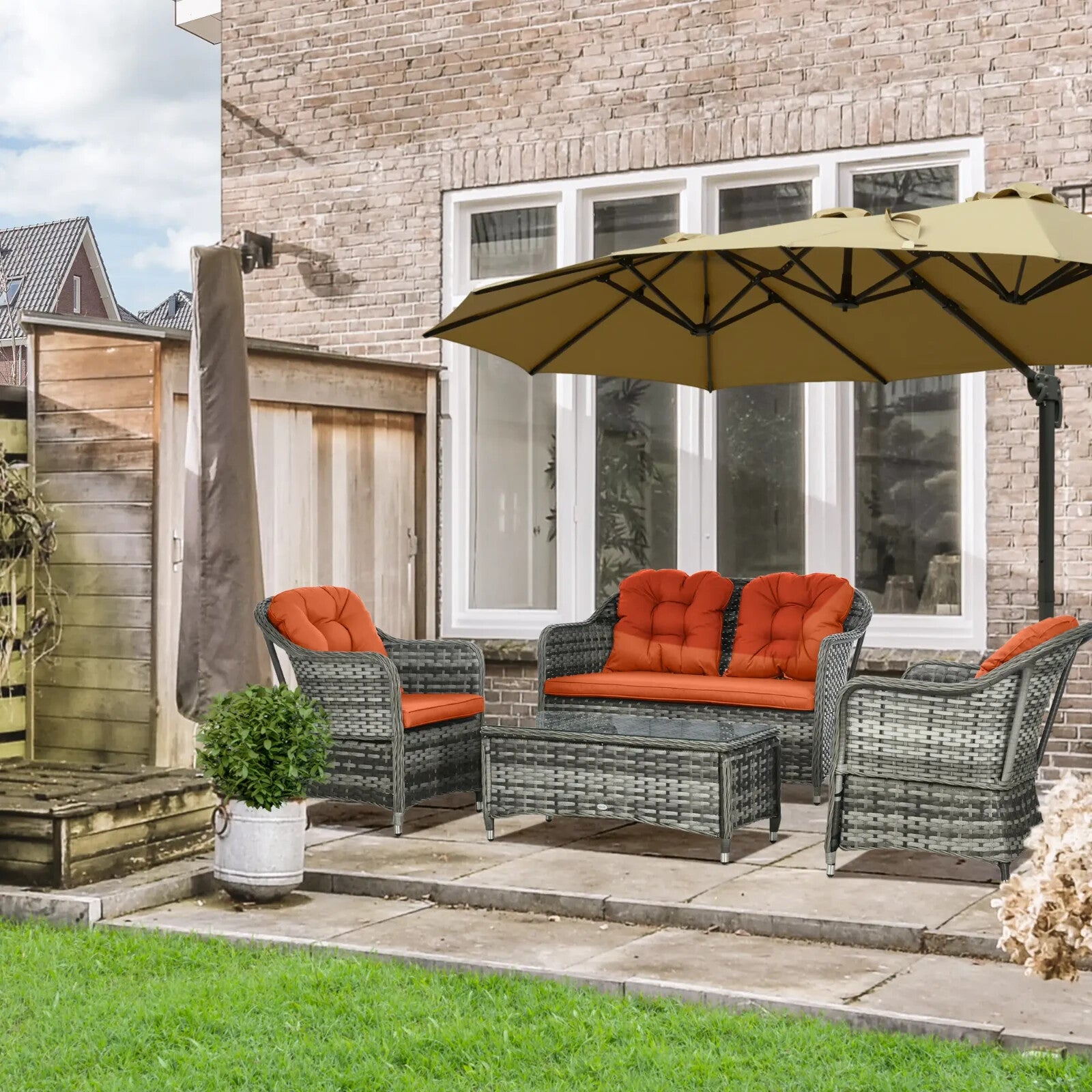 Four Pcs Rattan Sofa Set with Glass Top Table Garden Outdoor Patio Furniture Set