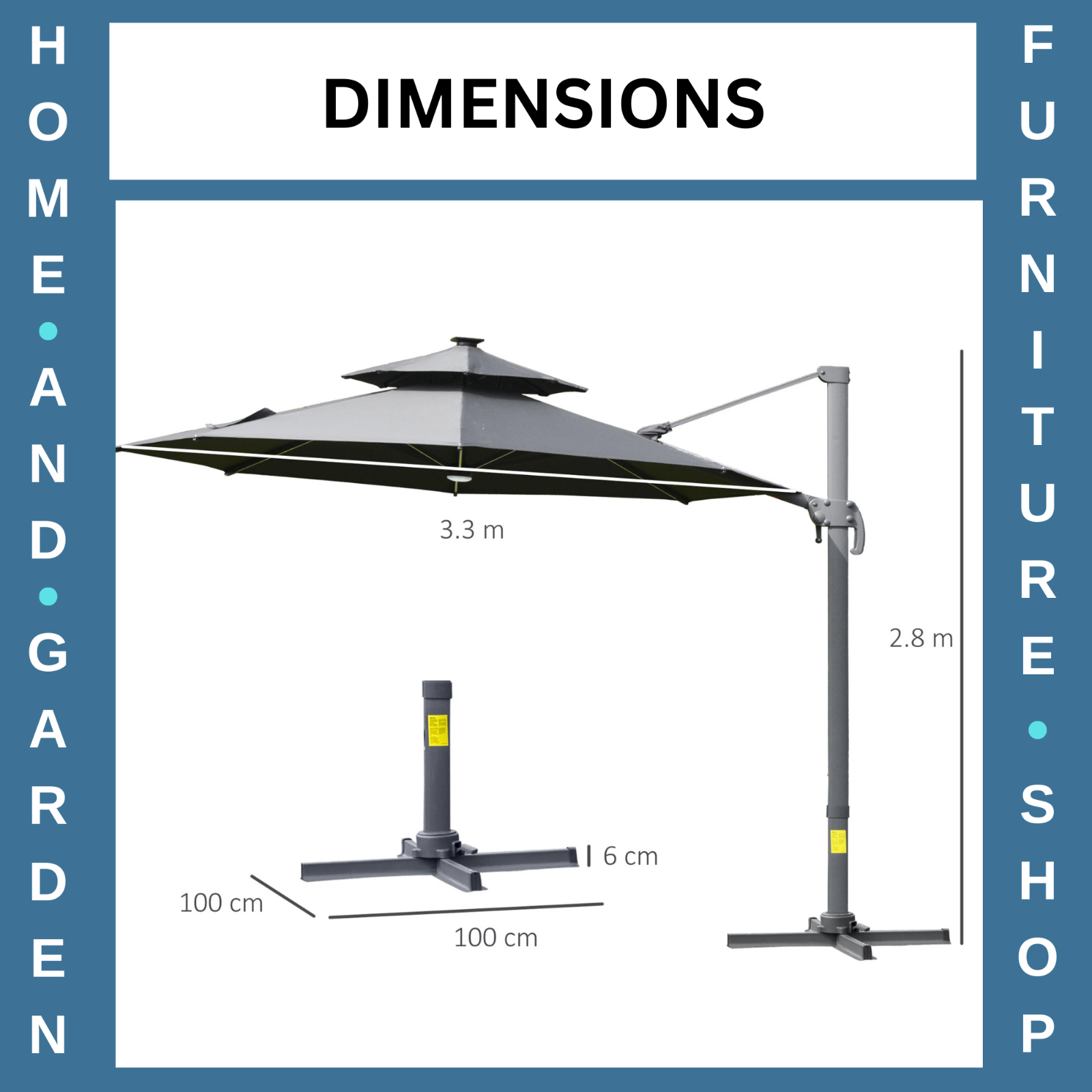 3m Cantilever Garden Parasol with LED Lights, Power Bank and 360° Rotating Base
