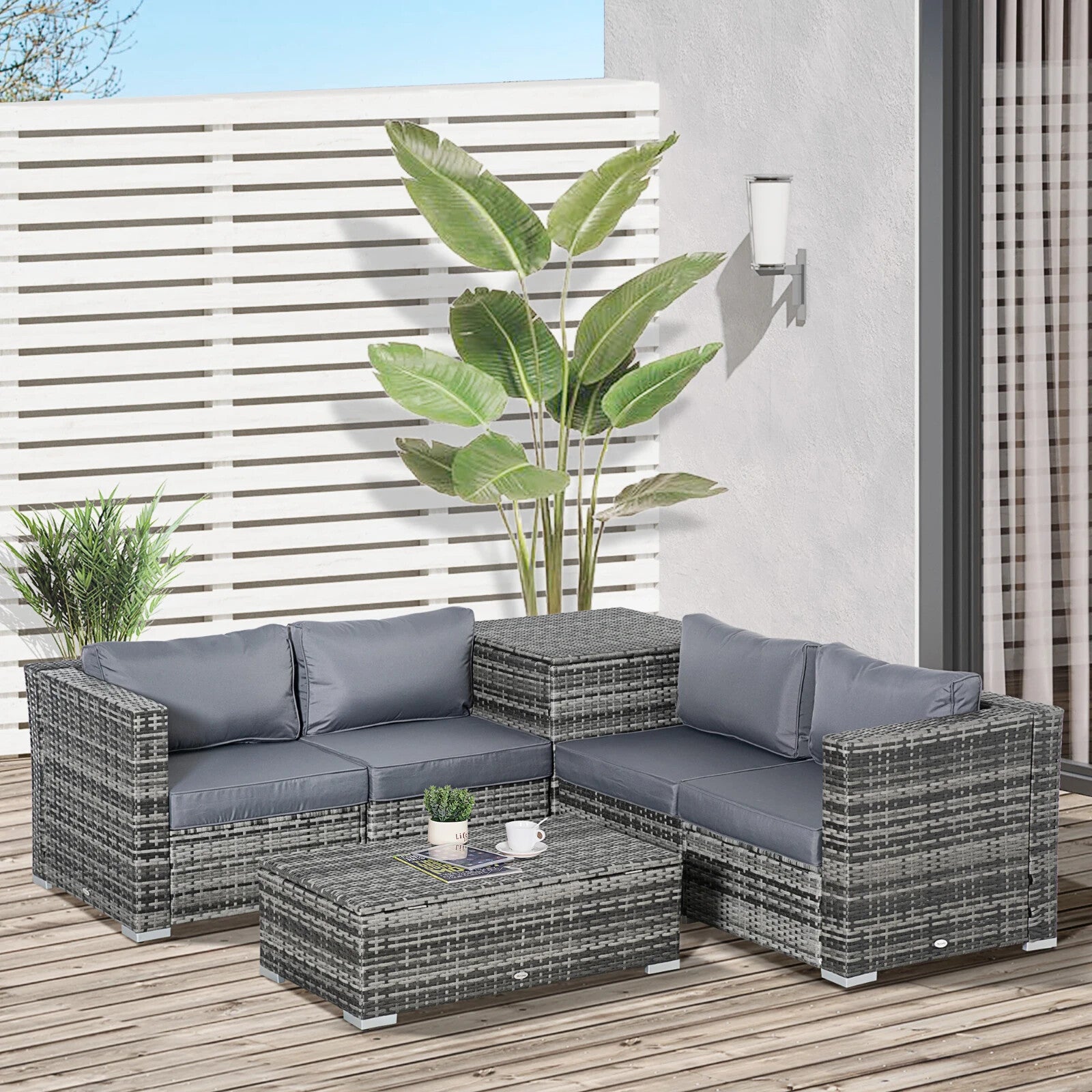 6 Pcs Rattan Corner Sofa Set 4 Seats Garden Furniture w/ Storage Table & Ottoman
