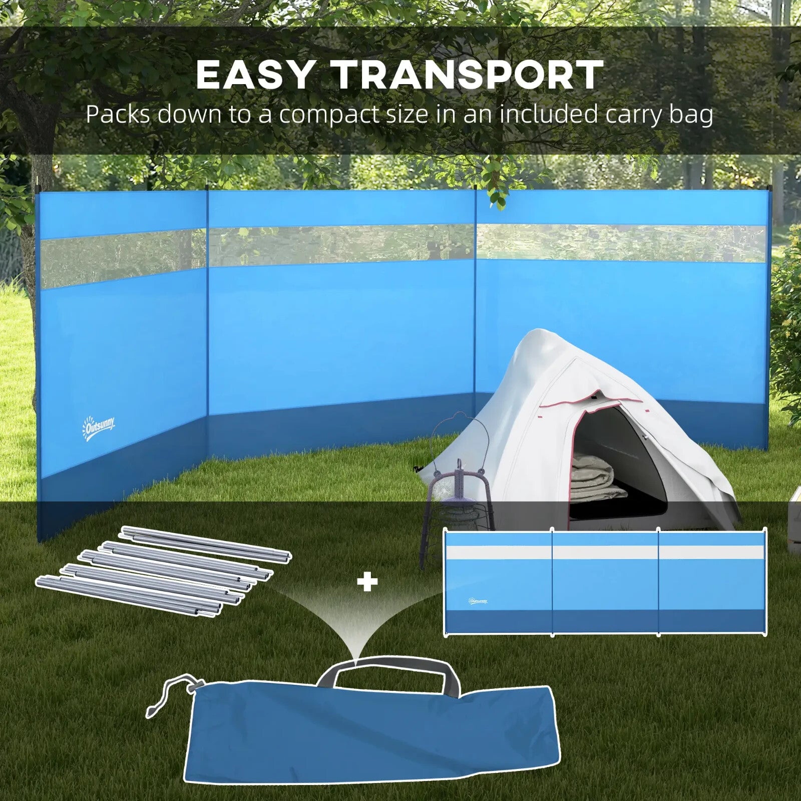 Camping Windbreaker Steel Poles Rectangular with Clear Windows & Carry Bag Blue