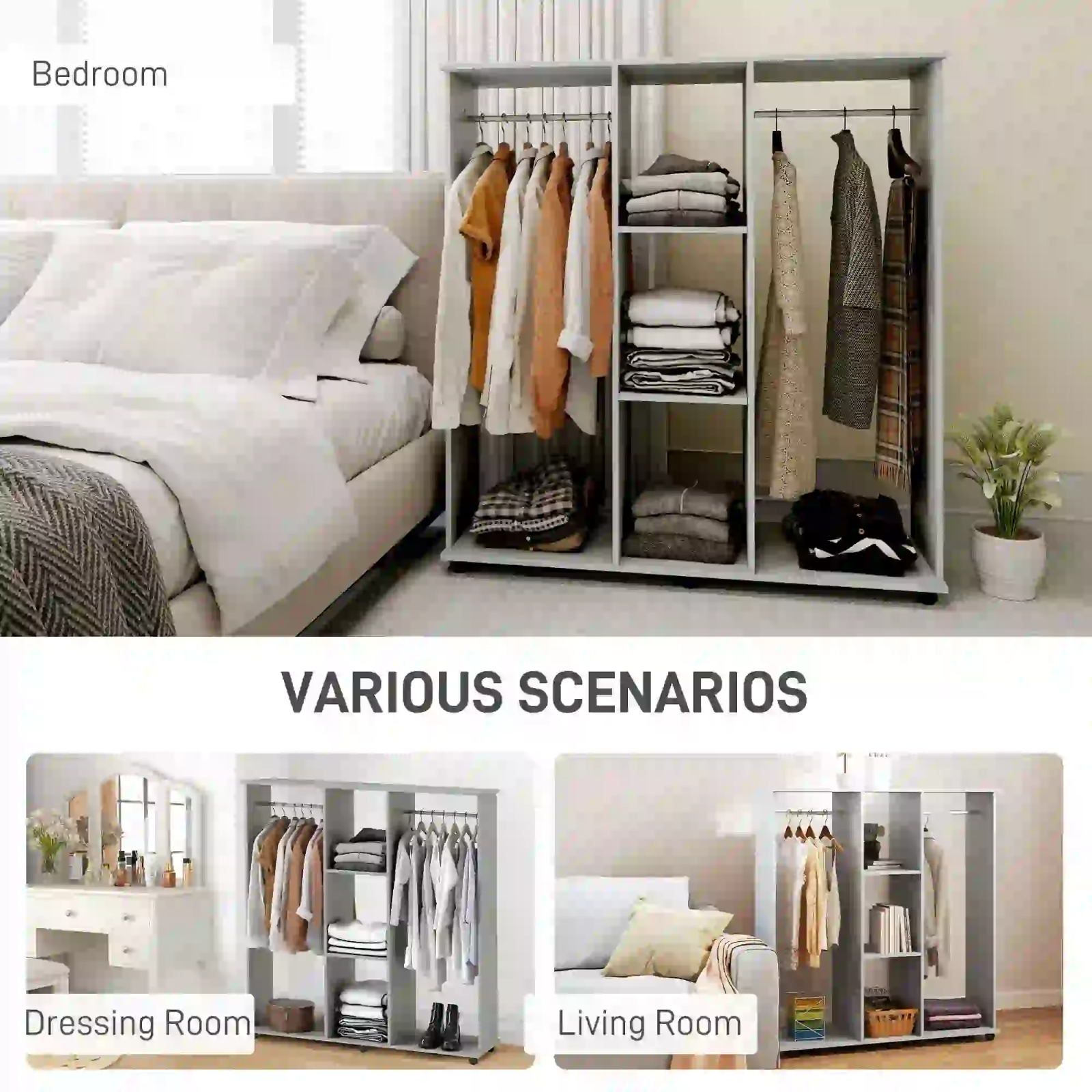 Mobile Open Wardrobe Clothes Hanging Rail Storage Shelves Metal Rail on 6 Wheels