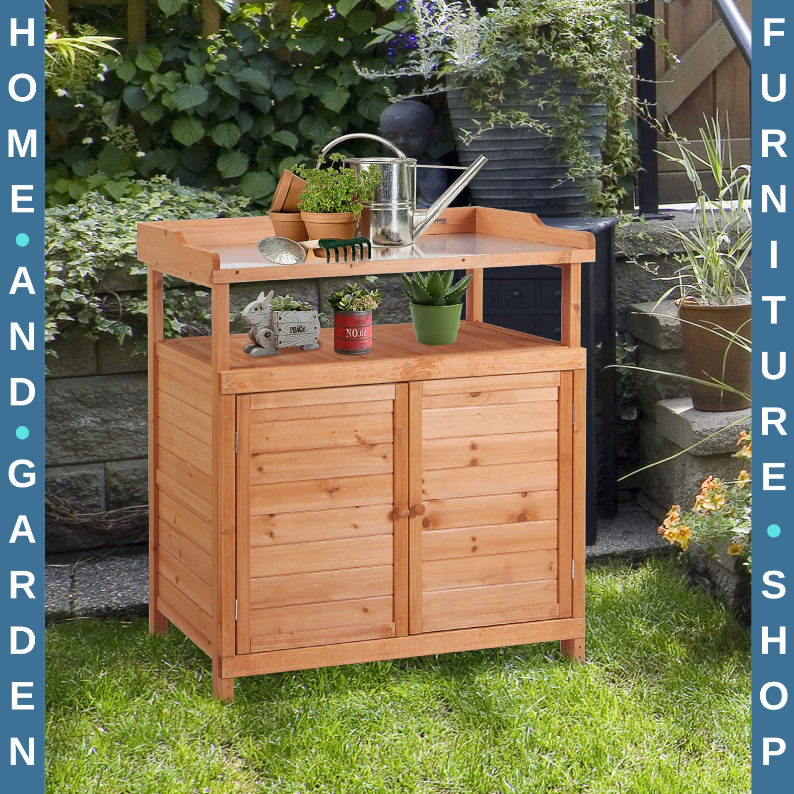 98 x 47 x 105cm Wooden Potting Bench Table with Storage Cabinet and Metal Top