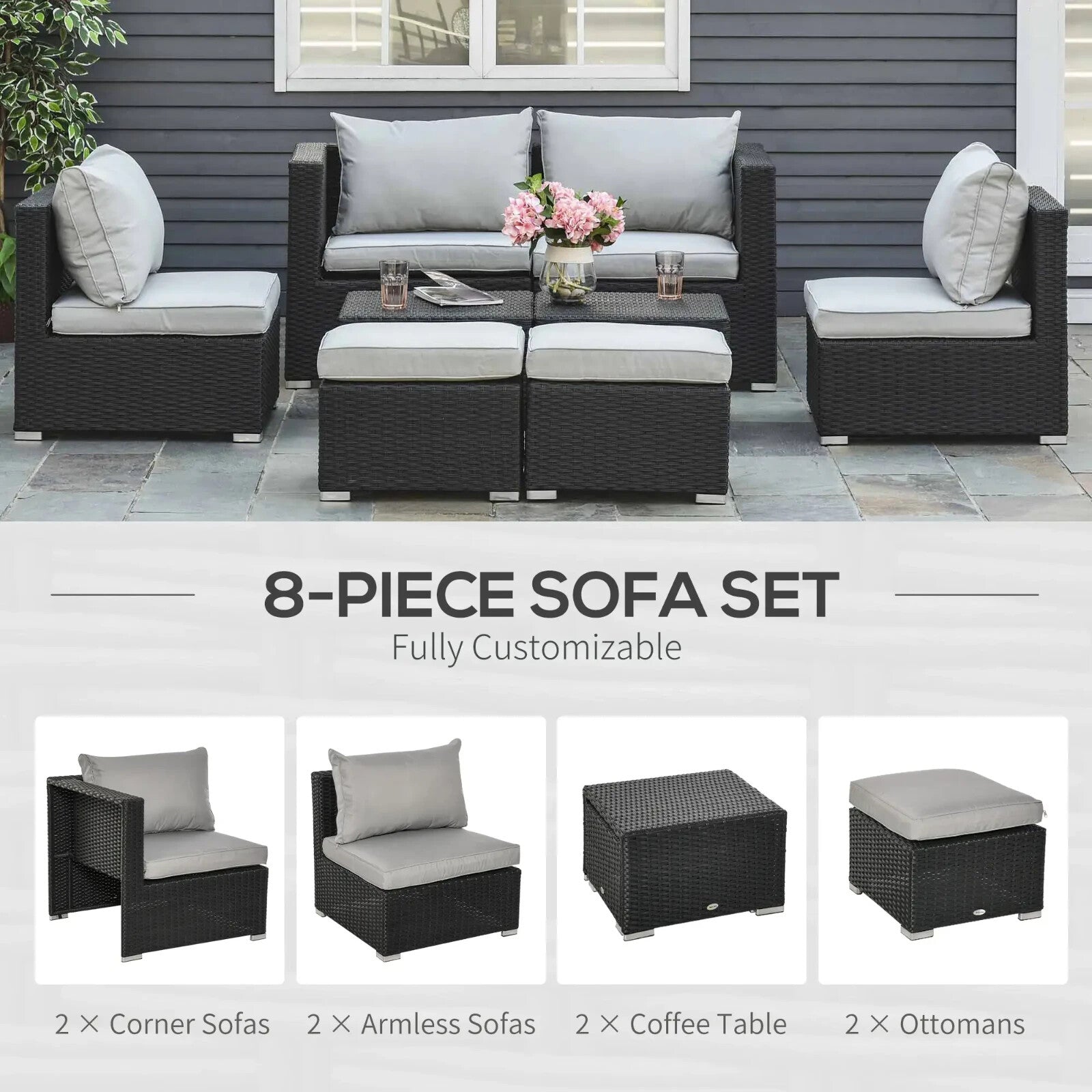 Large Outdoor Patio Furniture Black Garden Wicker Rattan Sofa Chair & Table Set