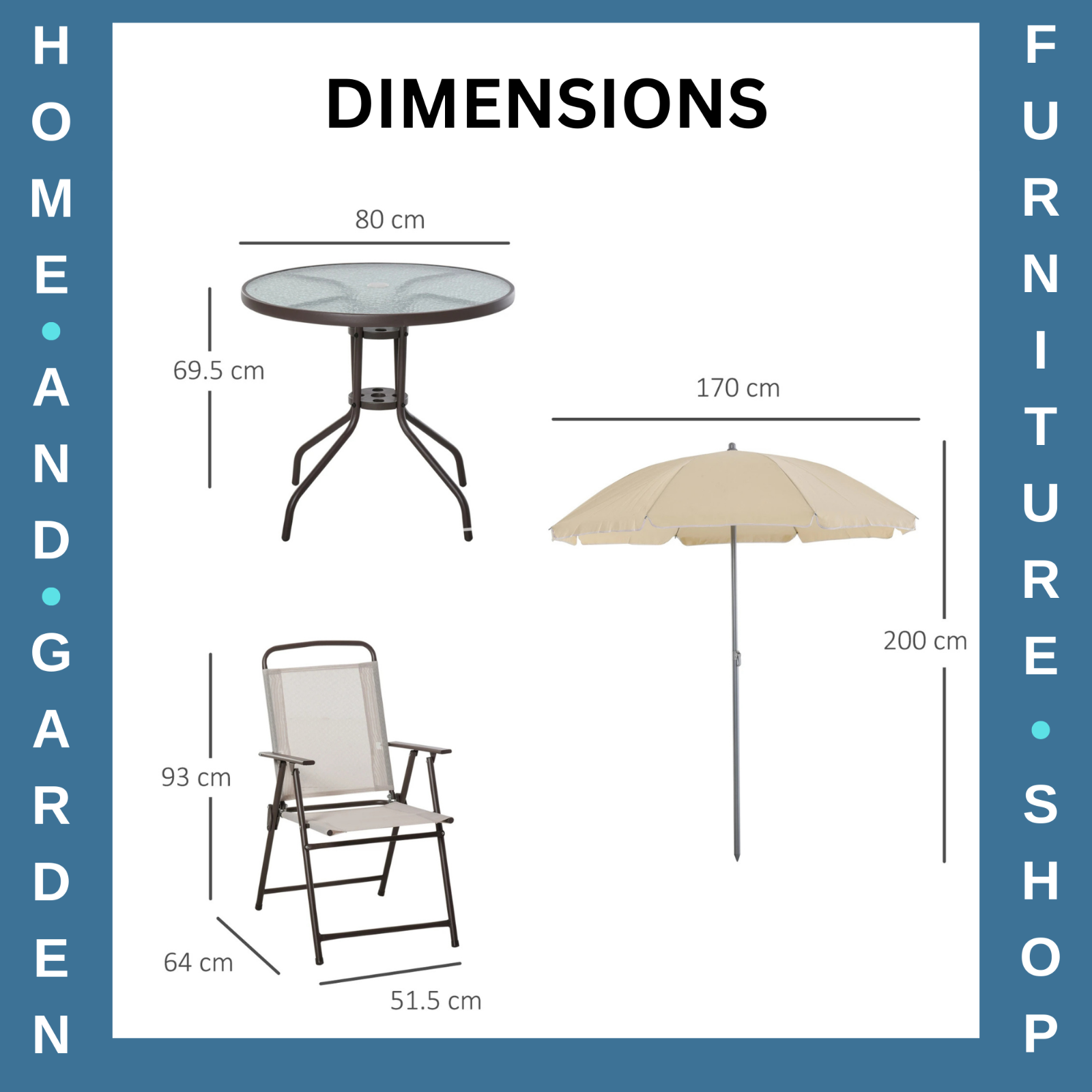 6 Piece Garden Furniture Set Folding Chairs Table and Parasol for Patio Cream