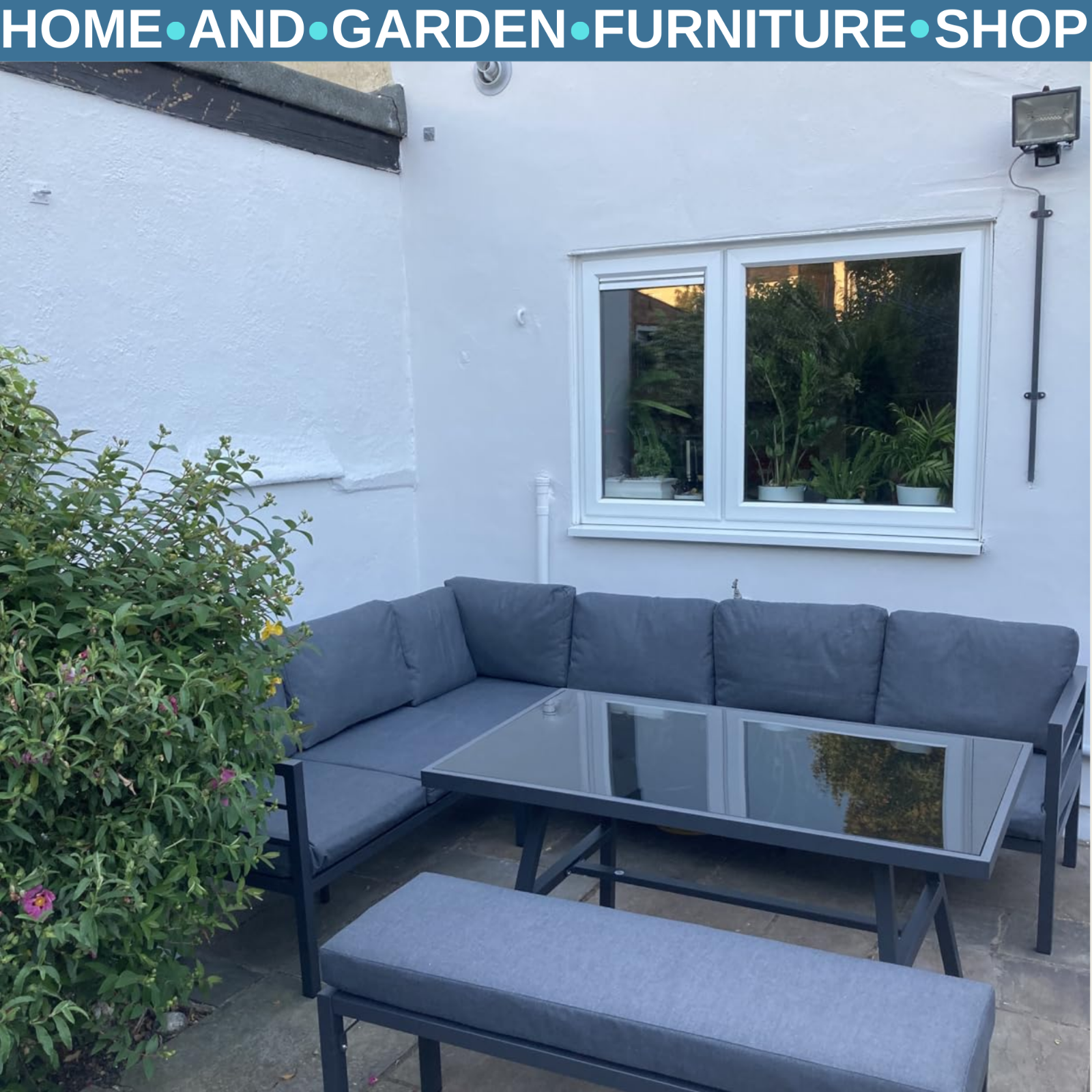 4 Piece L Shaped Garden Furniture Set 8 Seater Aluminium Dining Sofa with Bench