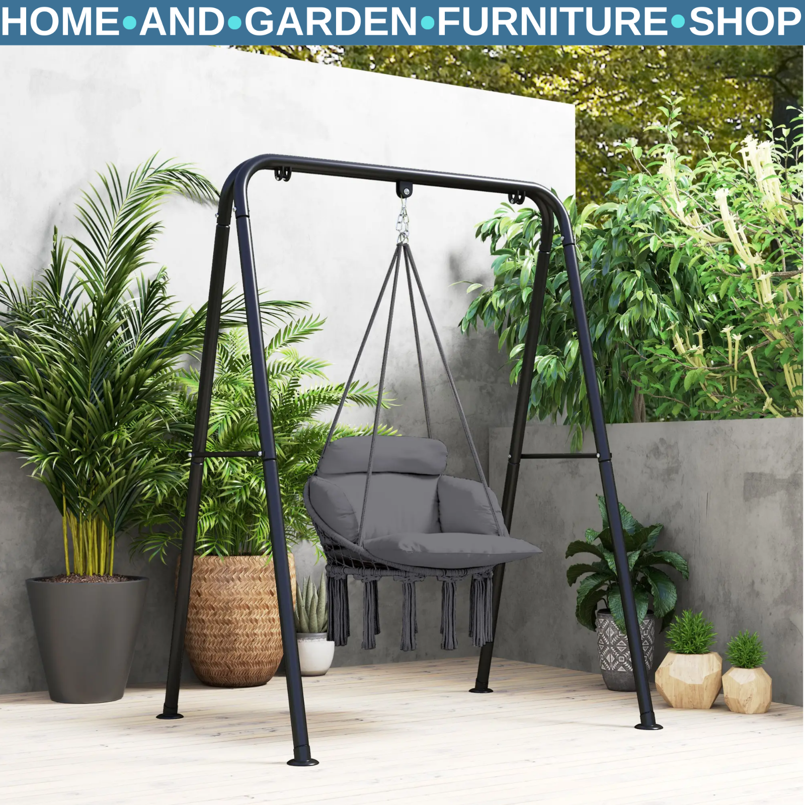 Hammock Hanging Chair Rope Boho Style Swing with Soft Padded Cushion Dark Grey