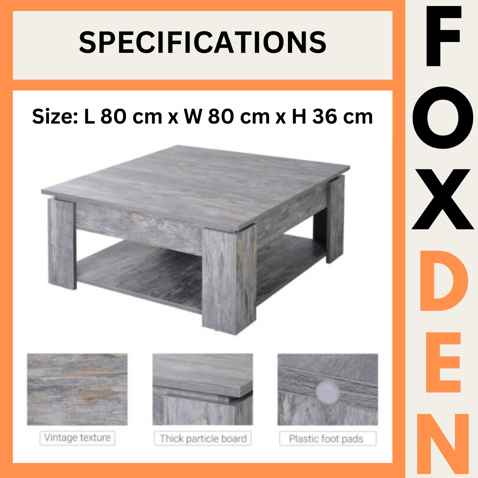 Grey Square Coffee Table with Shelf End Console Table Living Room Storage Table