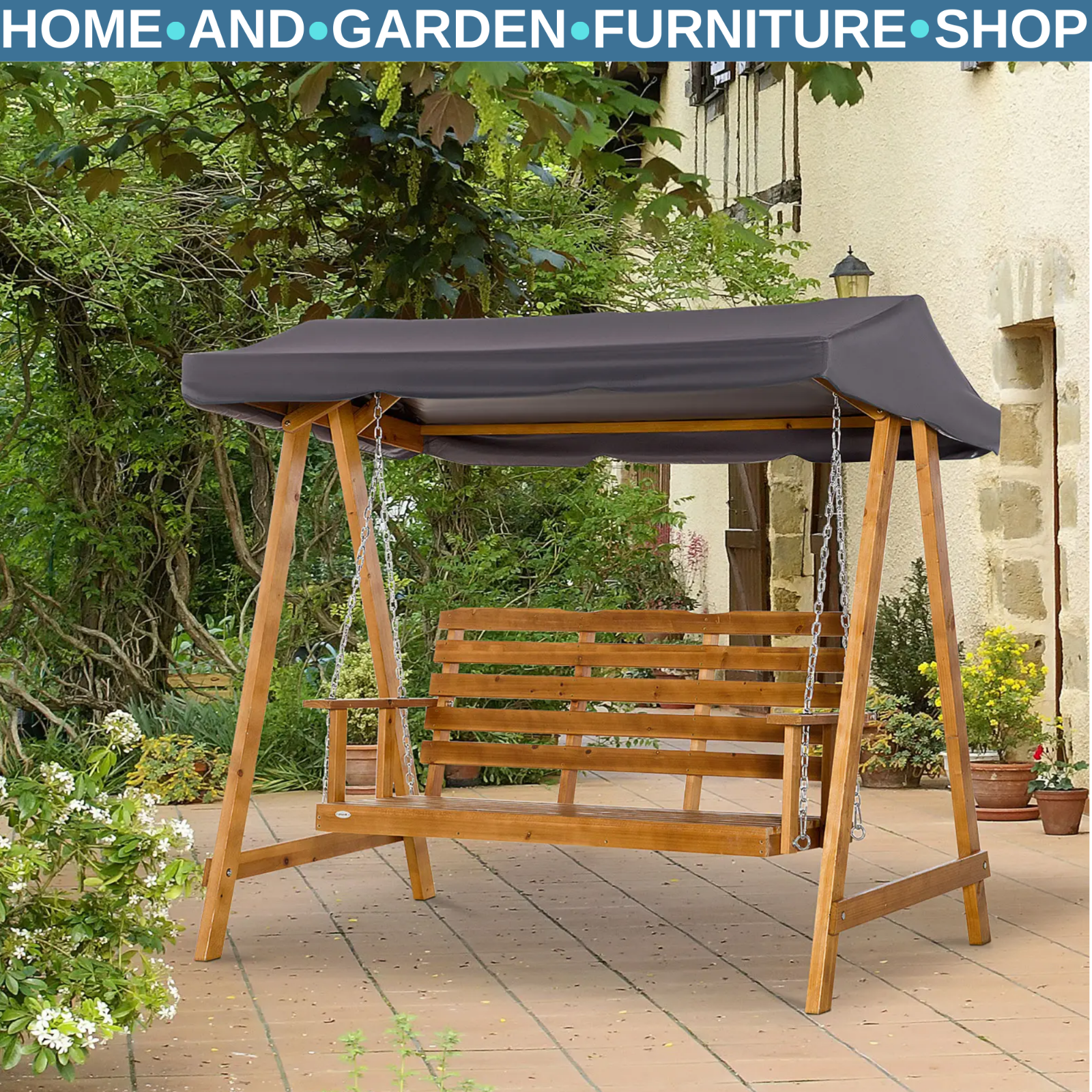 Hammock Swing Bench 3-Seater with Slatted Backrest & Adjustable Canopy Brown
