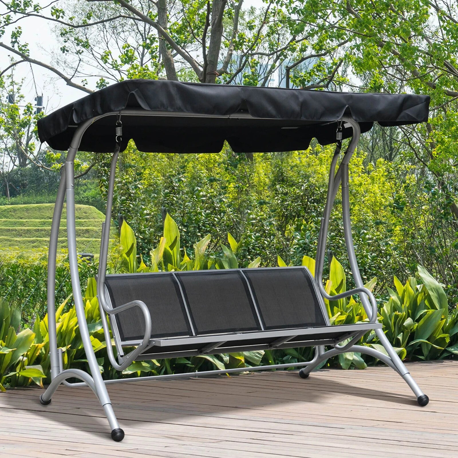 3 Seater Steel Garden Swing Chair with Adjustable Canopy and Anti-Slip Feet